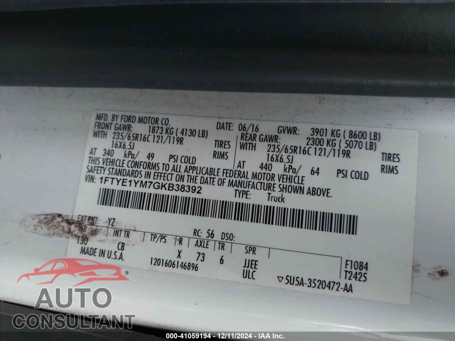 FORD TRANSIT-150 2016 - 1FTYE1YM7GKB38392