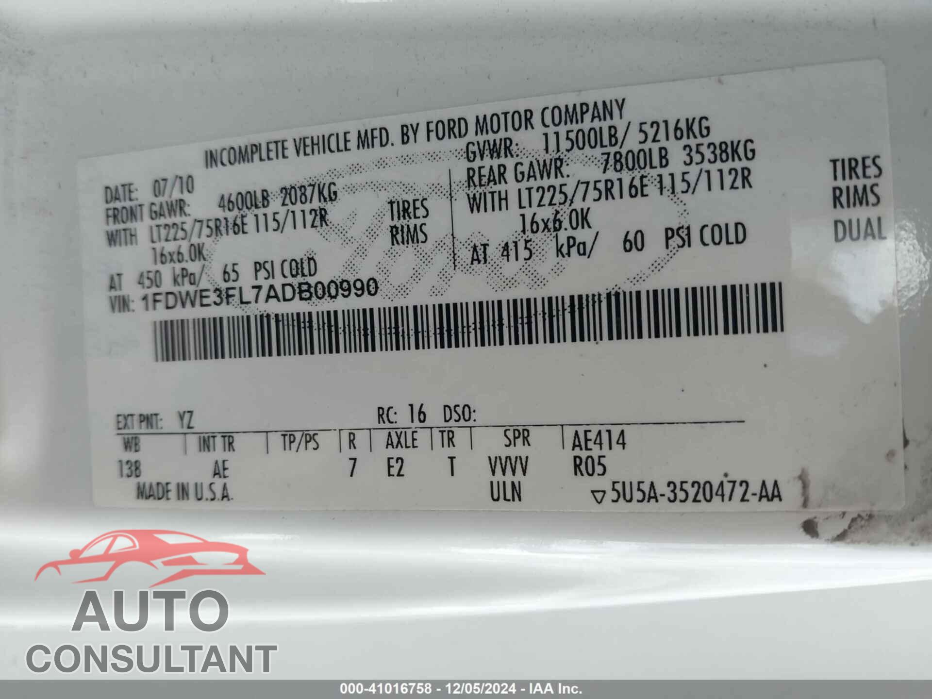 FORD E-350 CUTAWAY 2010 - 1FDWE3FL7ADB00990