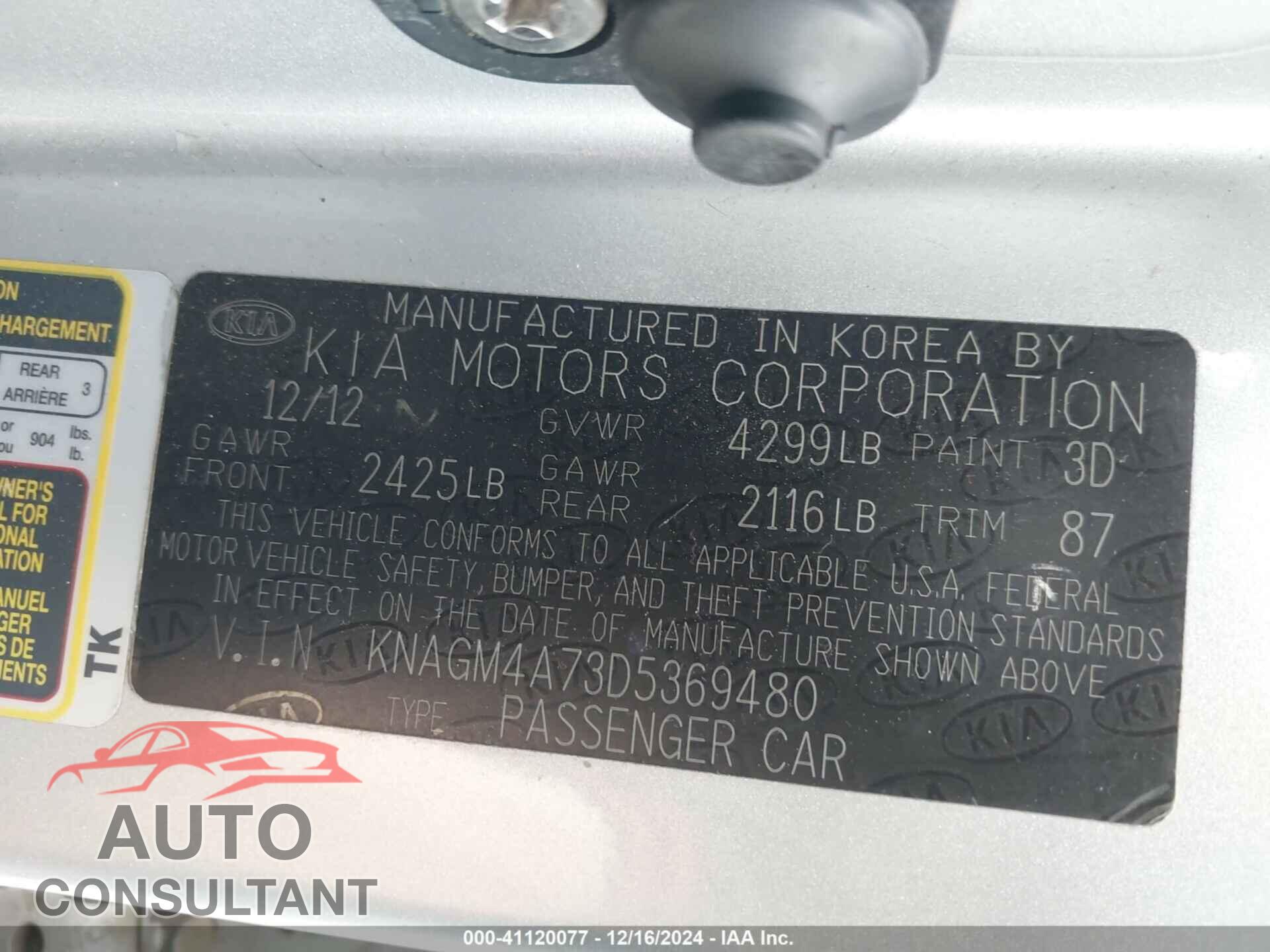 KIA OPTIMA 2013 - KNAGM4A73D5369480