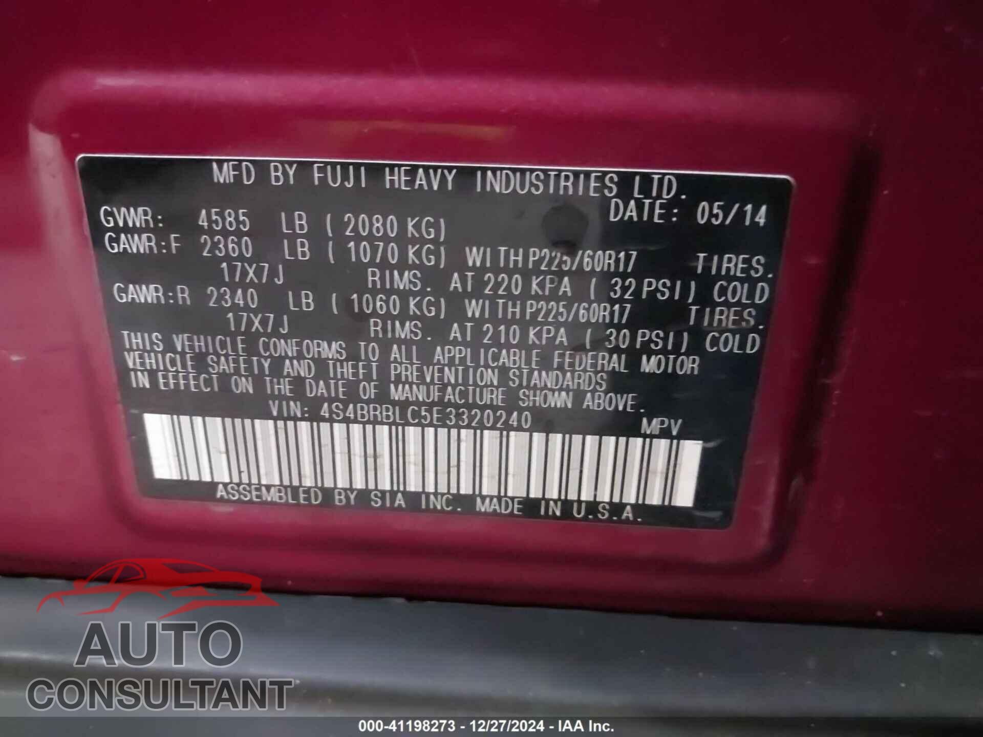 SUBARU OUTBACK 2014 - 4S4BRBLC5E3320240