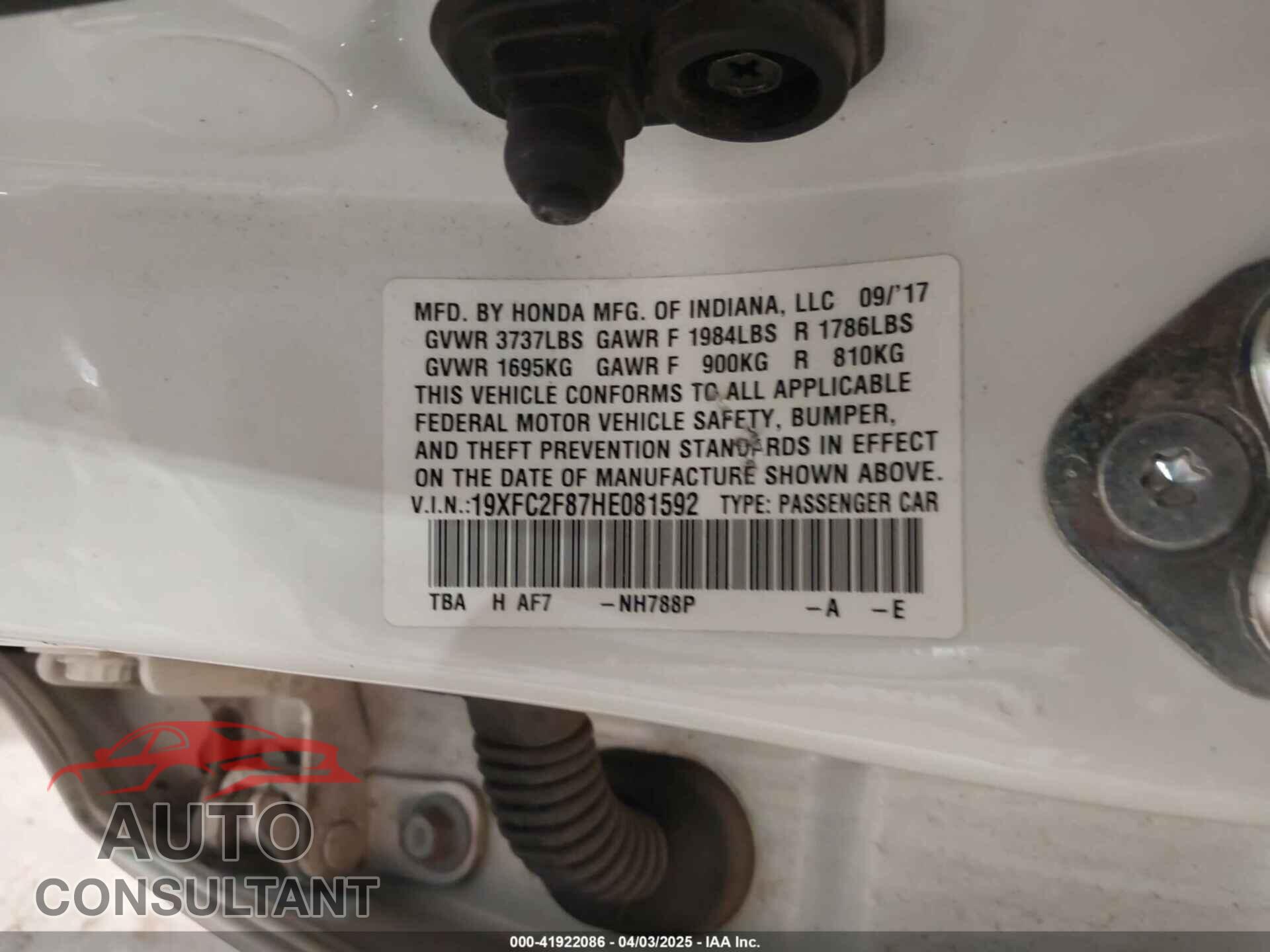 HONDA CIVIC 2017 - 19XFC2F87HE081592