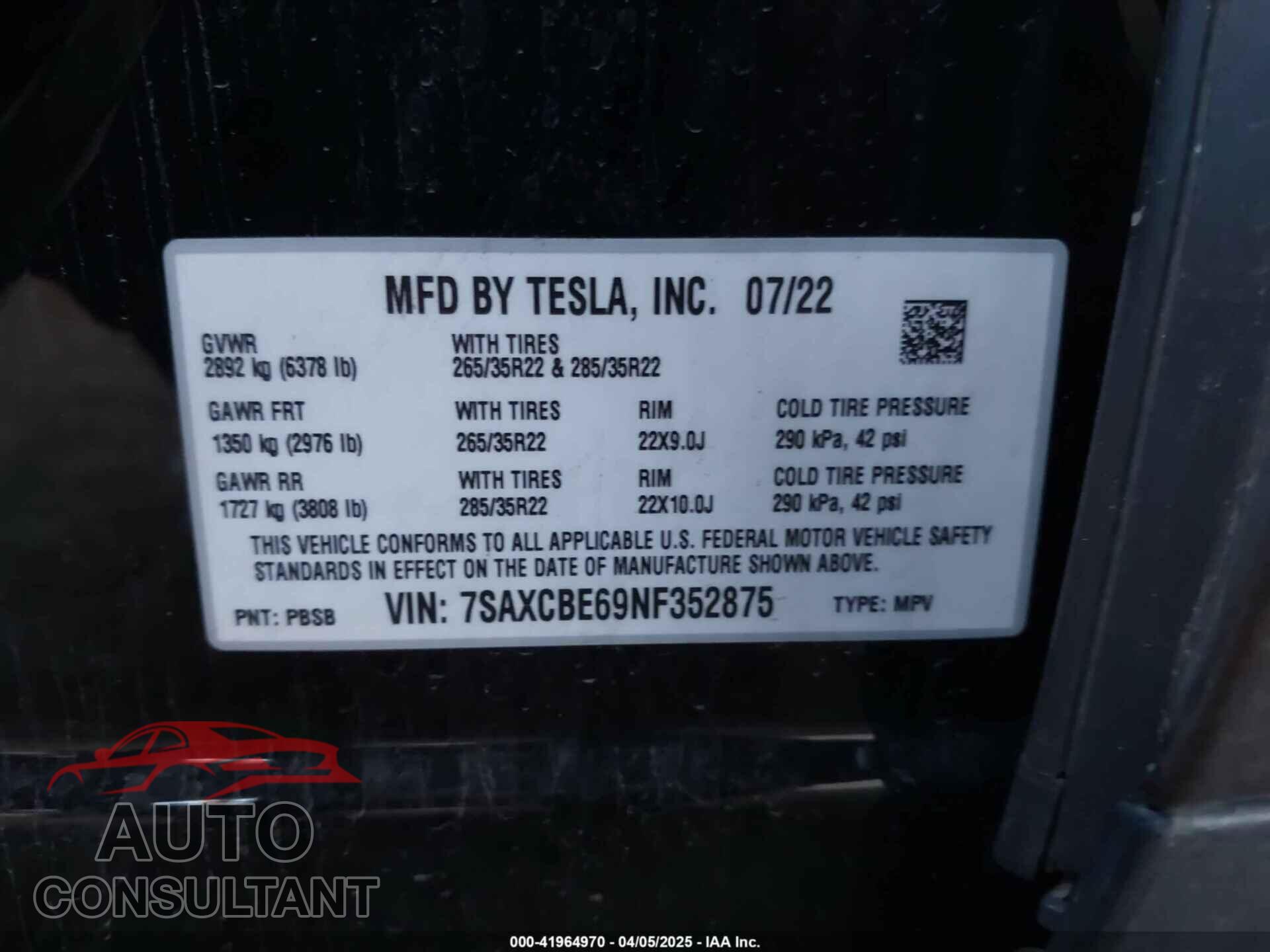 TESLA MODEL X 2022 - 7SAXCBE69NF352875