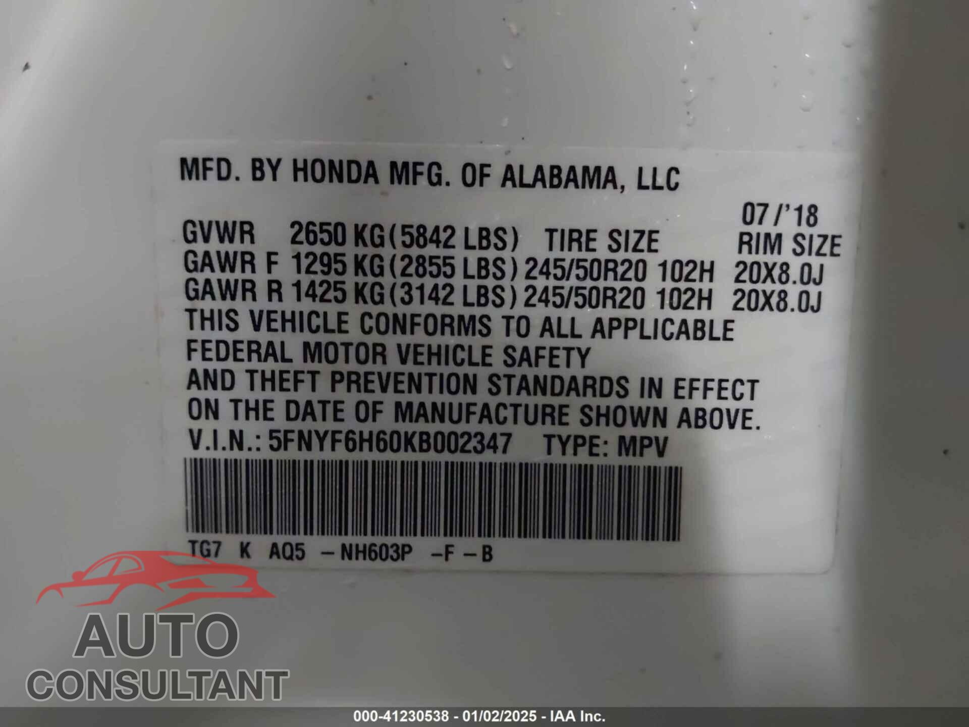 HONDA PILOT 2019 - 5FNYF6H60KB002347