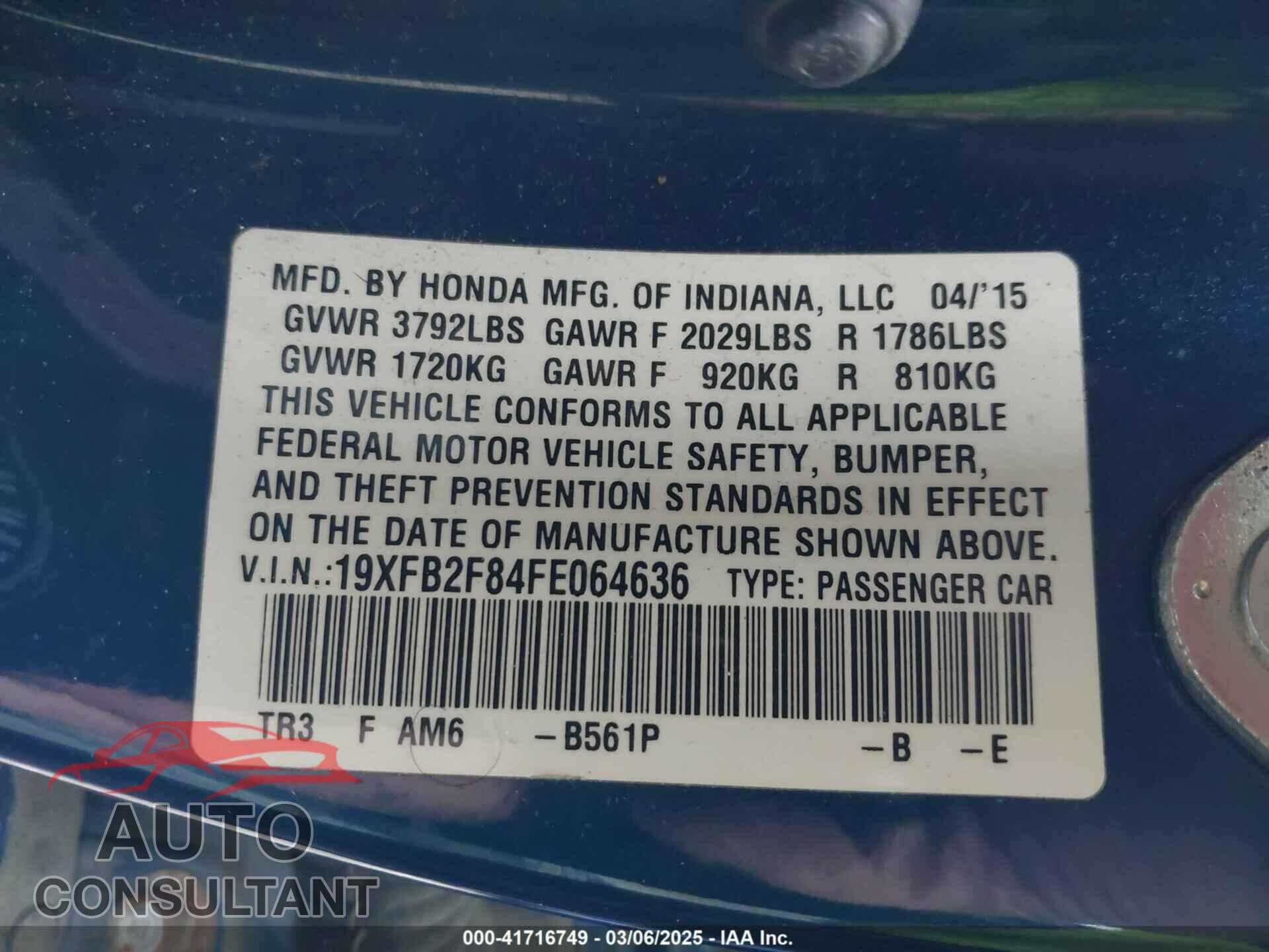 HONDA CIVIC 2015 - 19XFB2F84FE064636