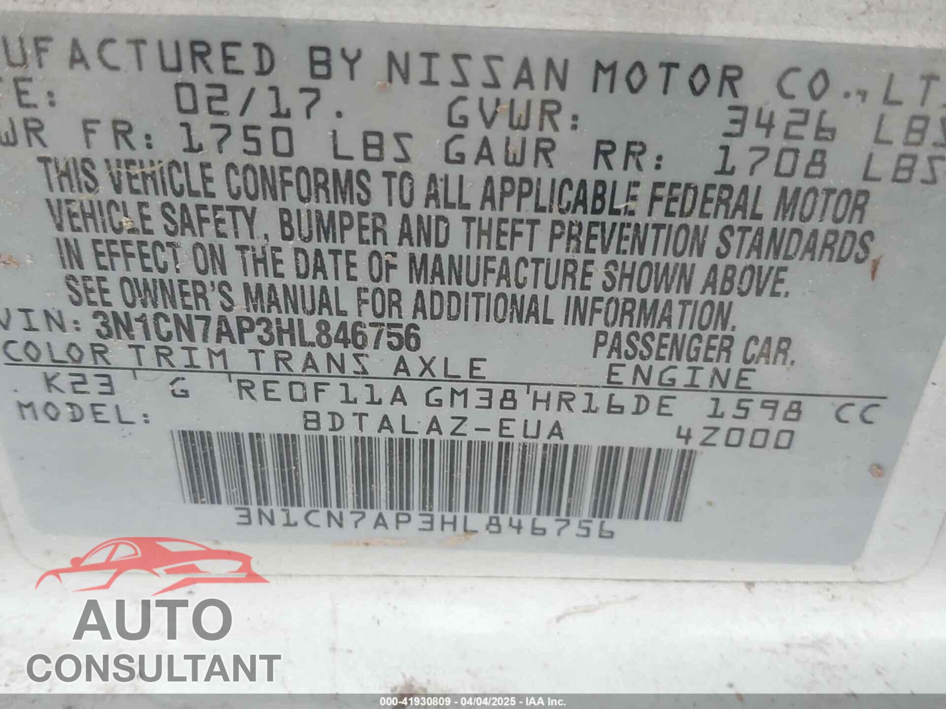 NISSAN VERSA 2017 - 3N1CN7AP3HL846756