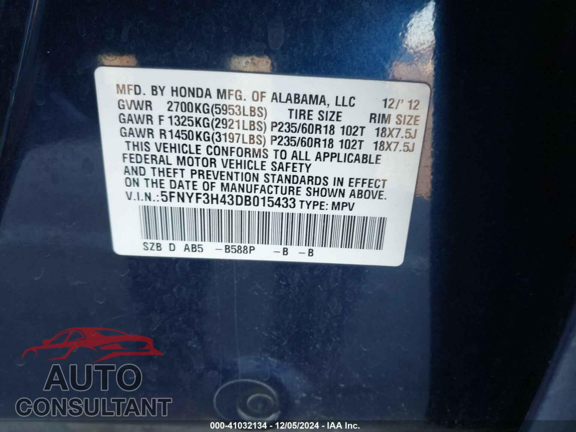HONDA PILOT 2013 - 5FNYF3H43DB015433