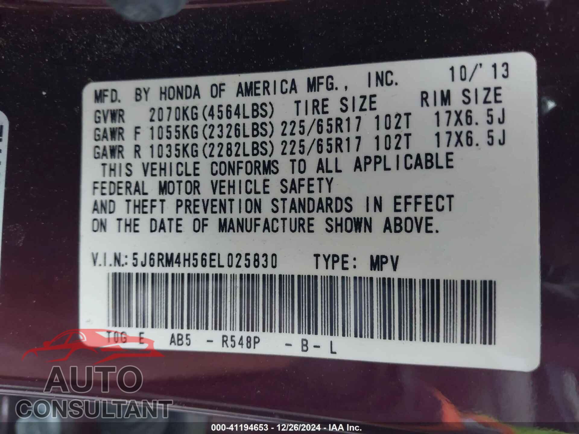 HONDA CR-V 2014 - 5J6RM4H56EL025830