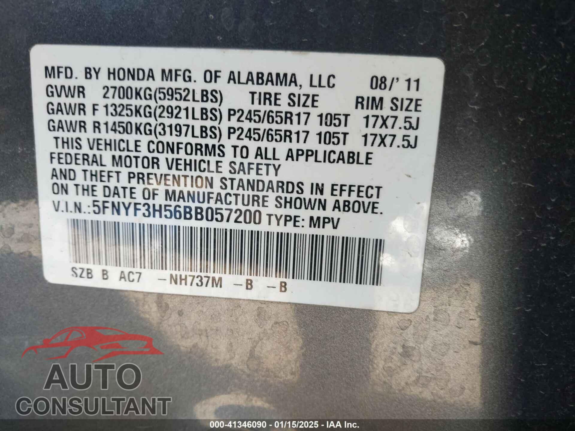 HONDA PILOT 2011 - 5FNYF3H56BB057200