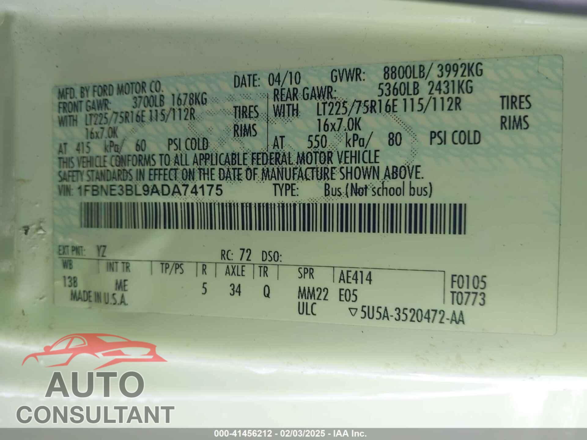 FORD E-350 SUPER DUTY 2010 - 1FBNE3BL9ADA74175