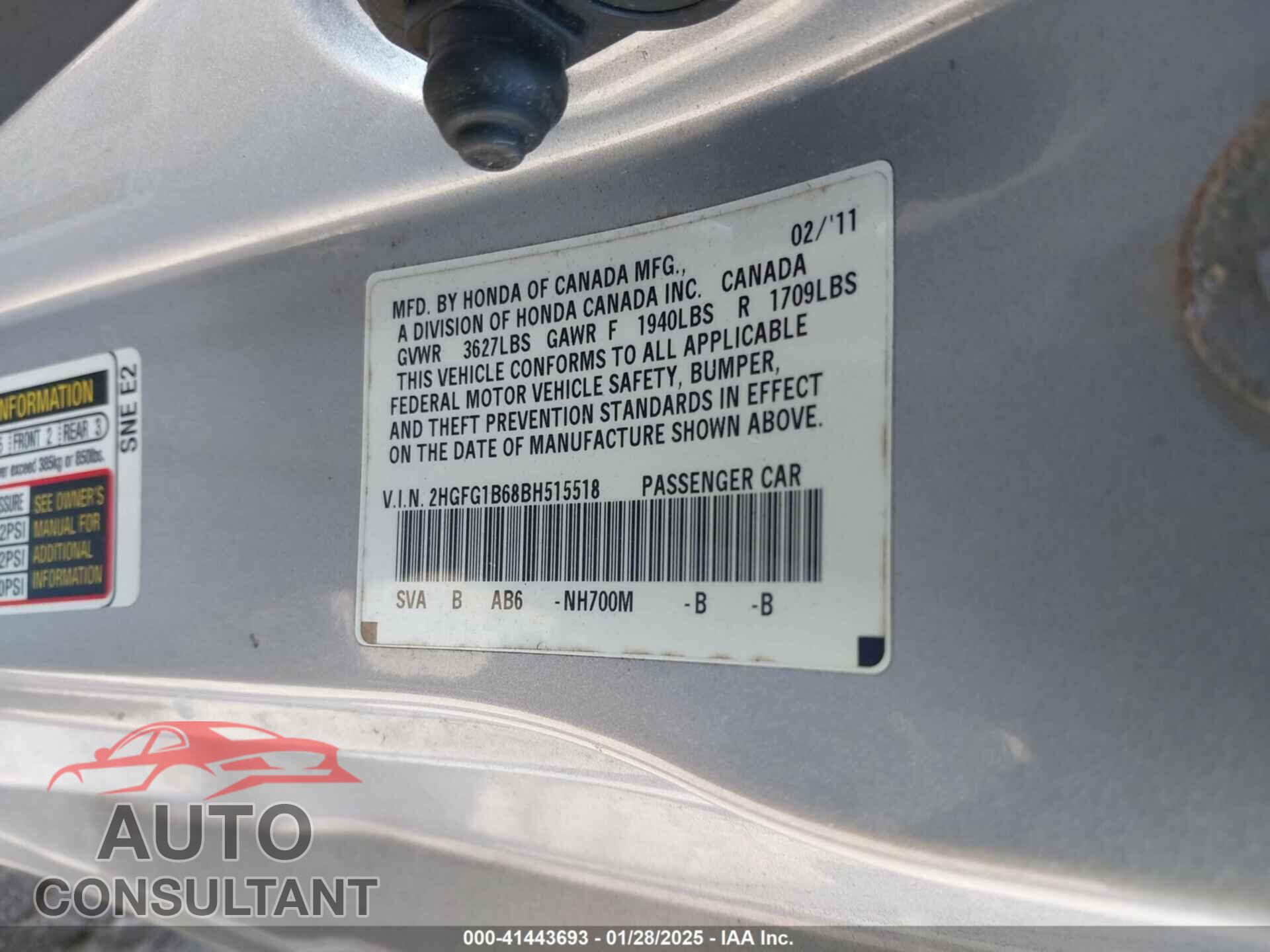HONDA CIVIC 2011 - 2HGFG1B68BH515518