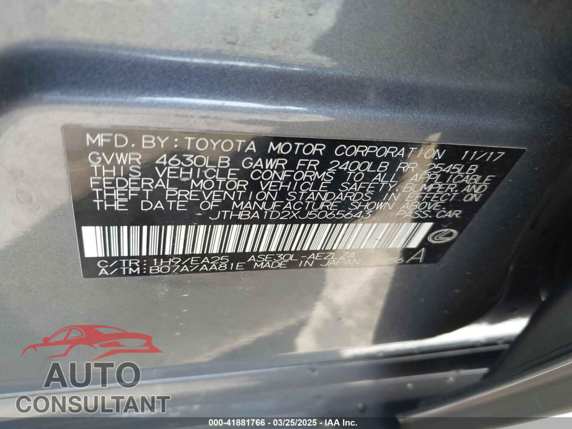 LEXUS IS 300 2018 - JTHBA1D2XJ5065643