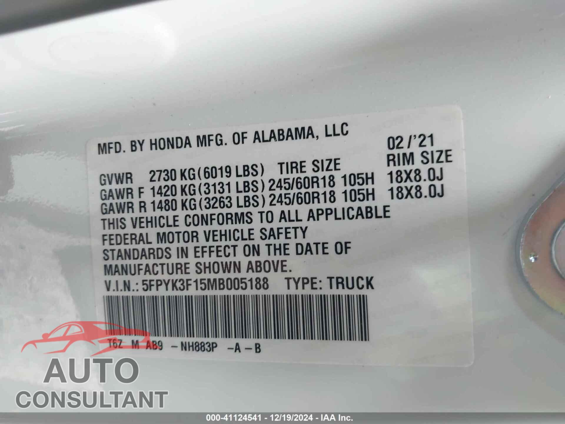 HONDA RIDGELINE 2021 - 5FPYK3F15MB005188