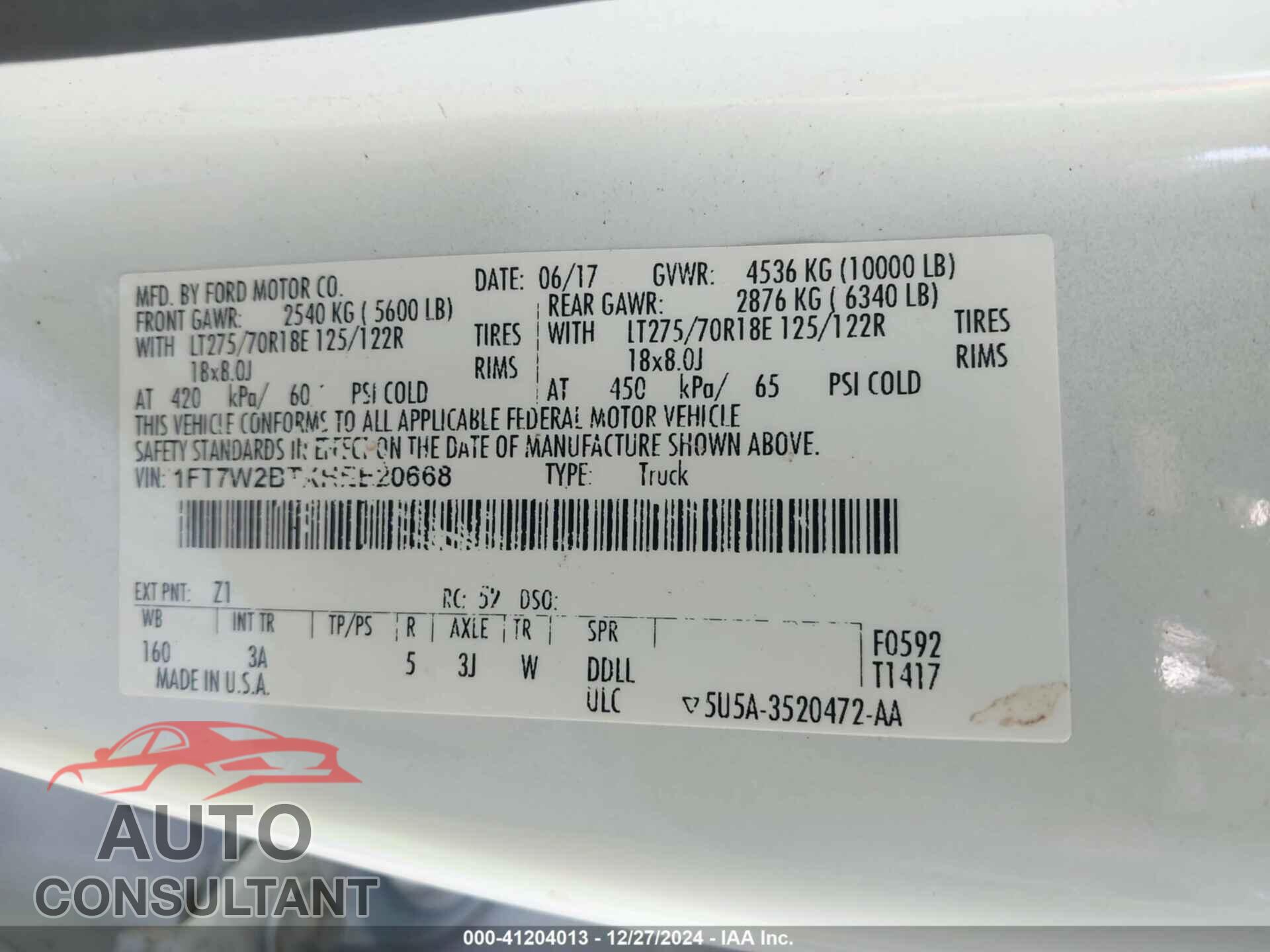 FORD F-250 2017 - 1FT7W2BTXHEE20668