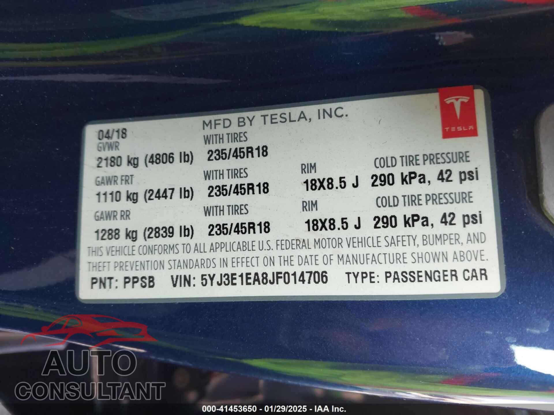 TESLA MODEL 3 2018 - 5YJ3E1EA8JF014706