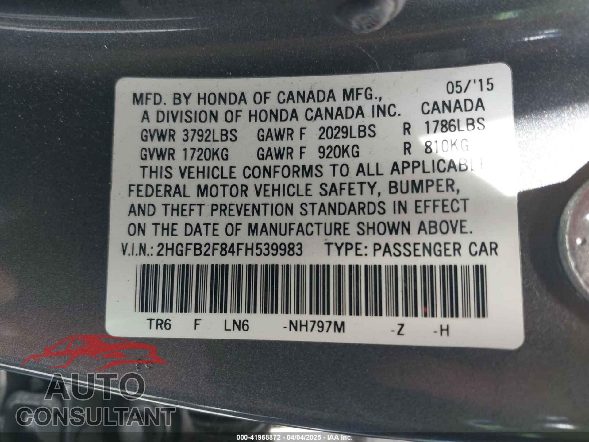 HONDA CIVIC 2015 - 2HGFB2F84FH539983