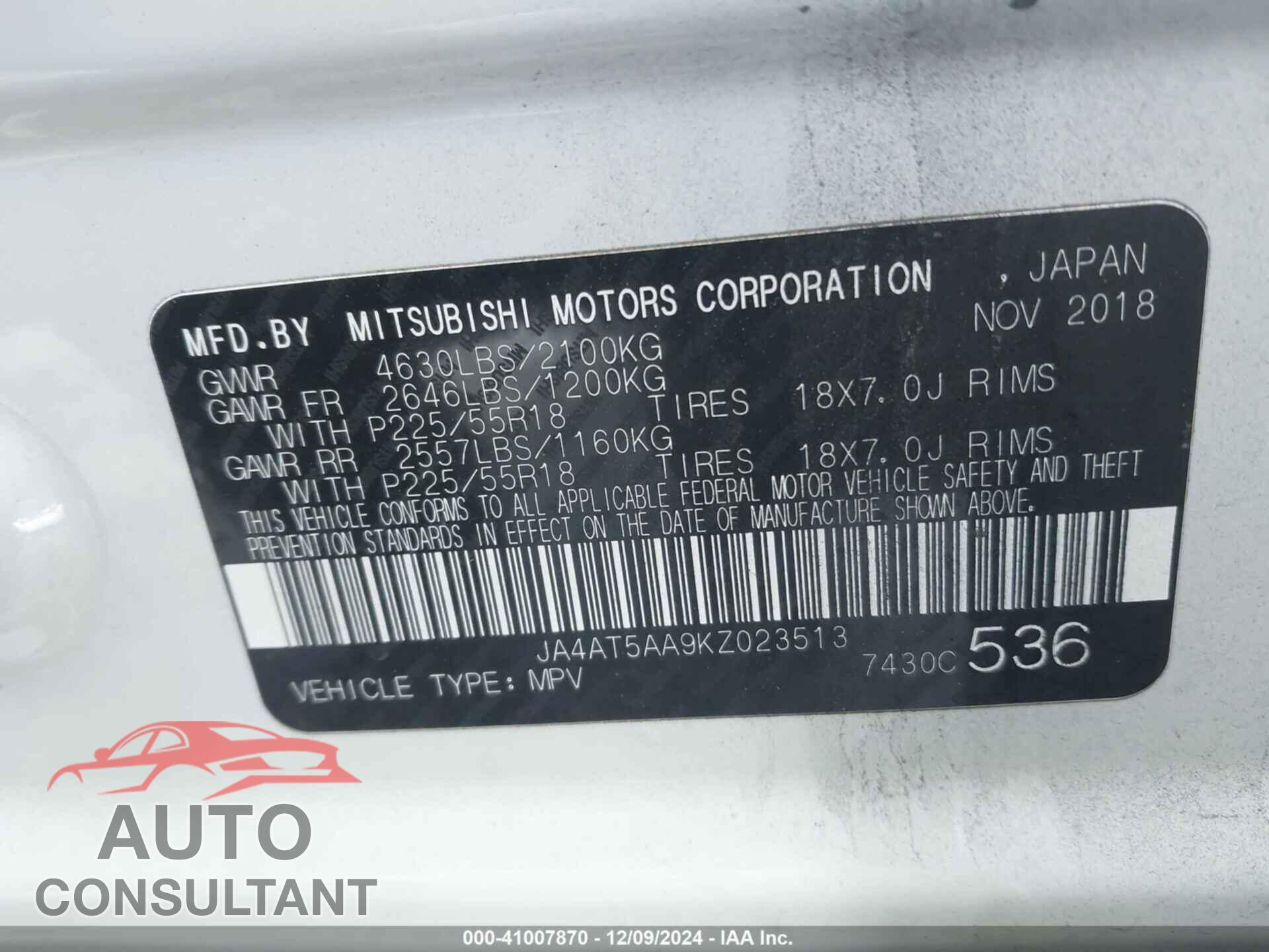 MITSUBISHI ECLIPSE CROSS 2019 - JA4AT5AA9KZ023513