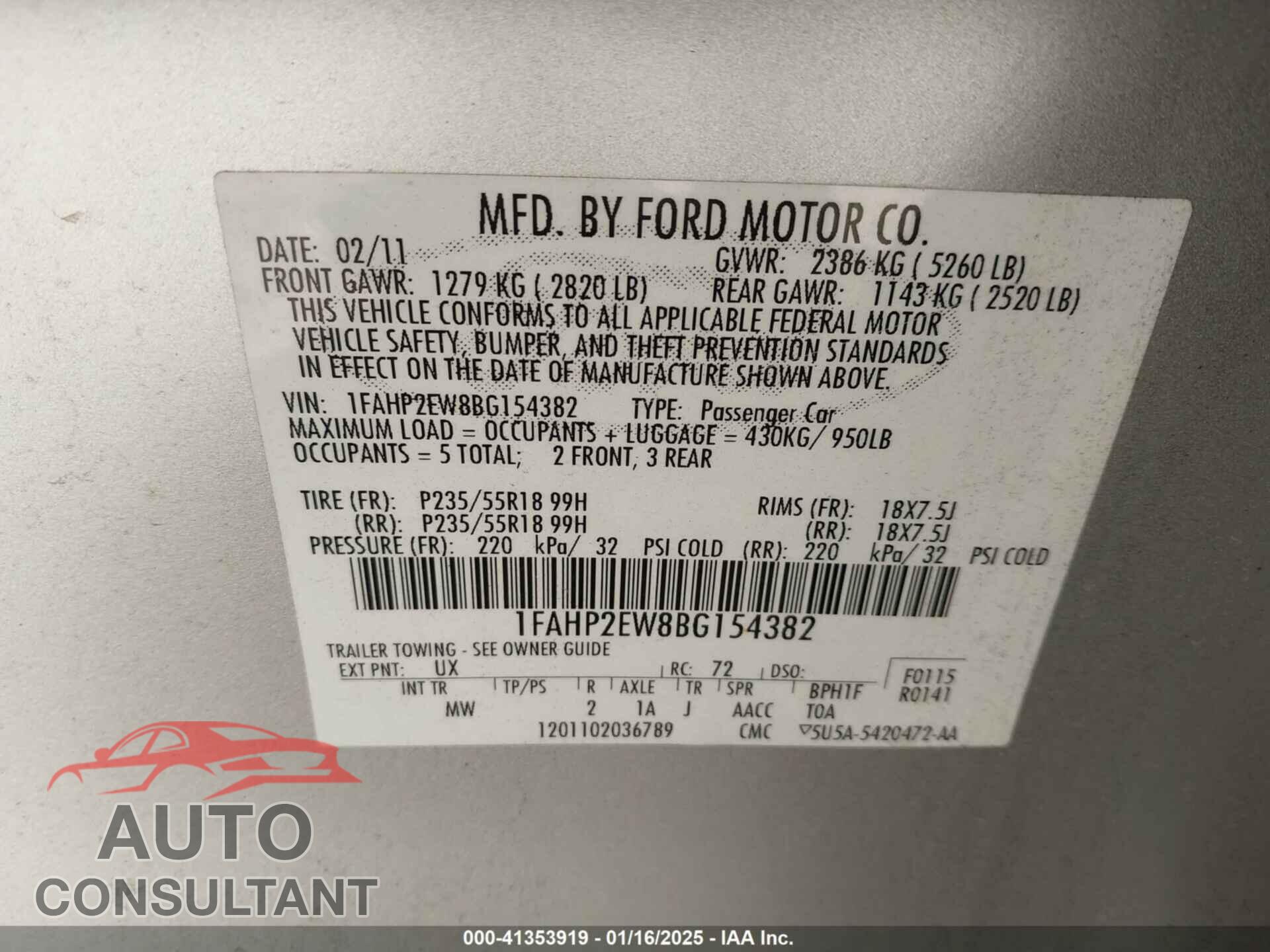 FORD TAURUS 2011 - 1FAHP2EW8BG154382