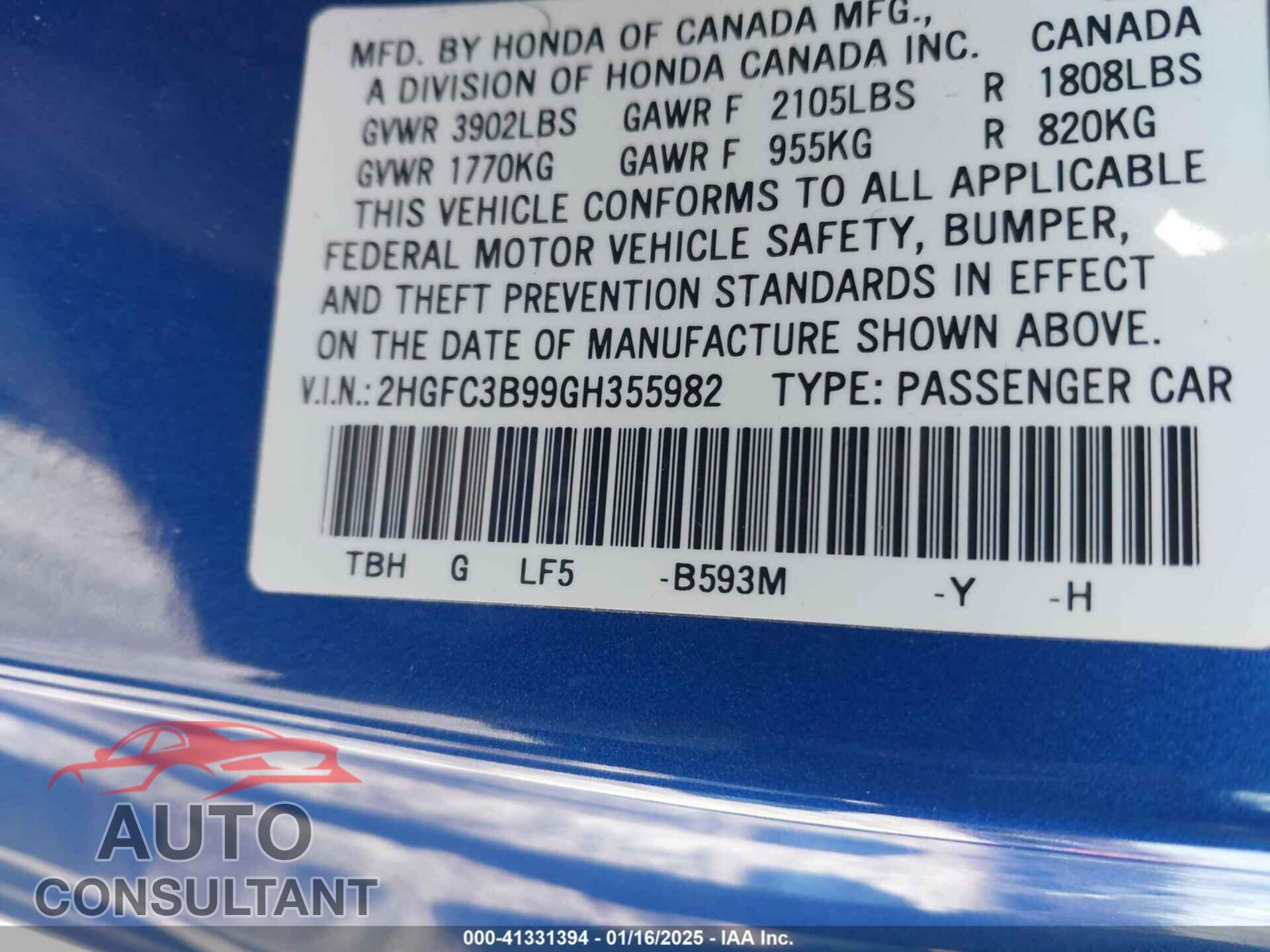 HONDA CIVIC 2016 - 2HGFC3B99GH355982