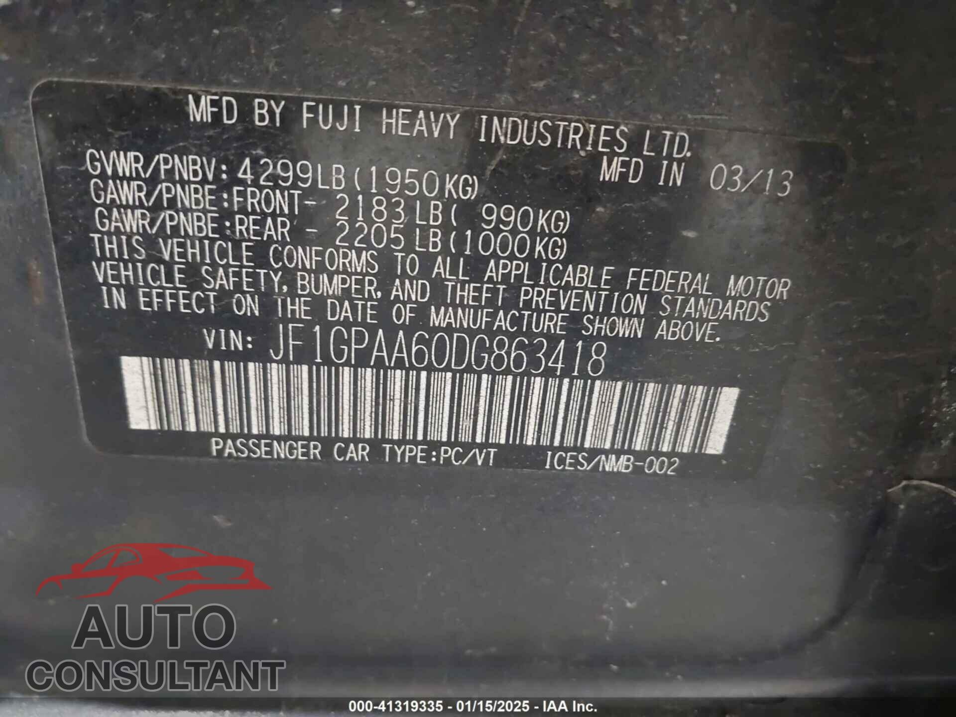 SUBARU IMPREZA 2013 - JF1GPAA60DG863418