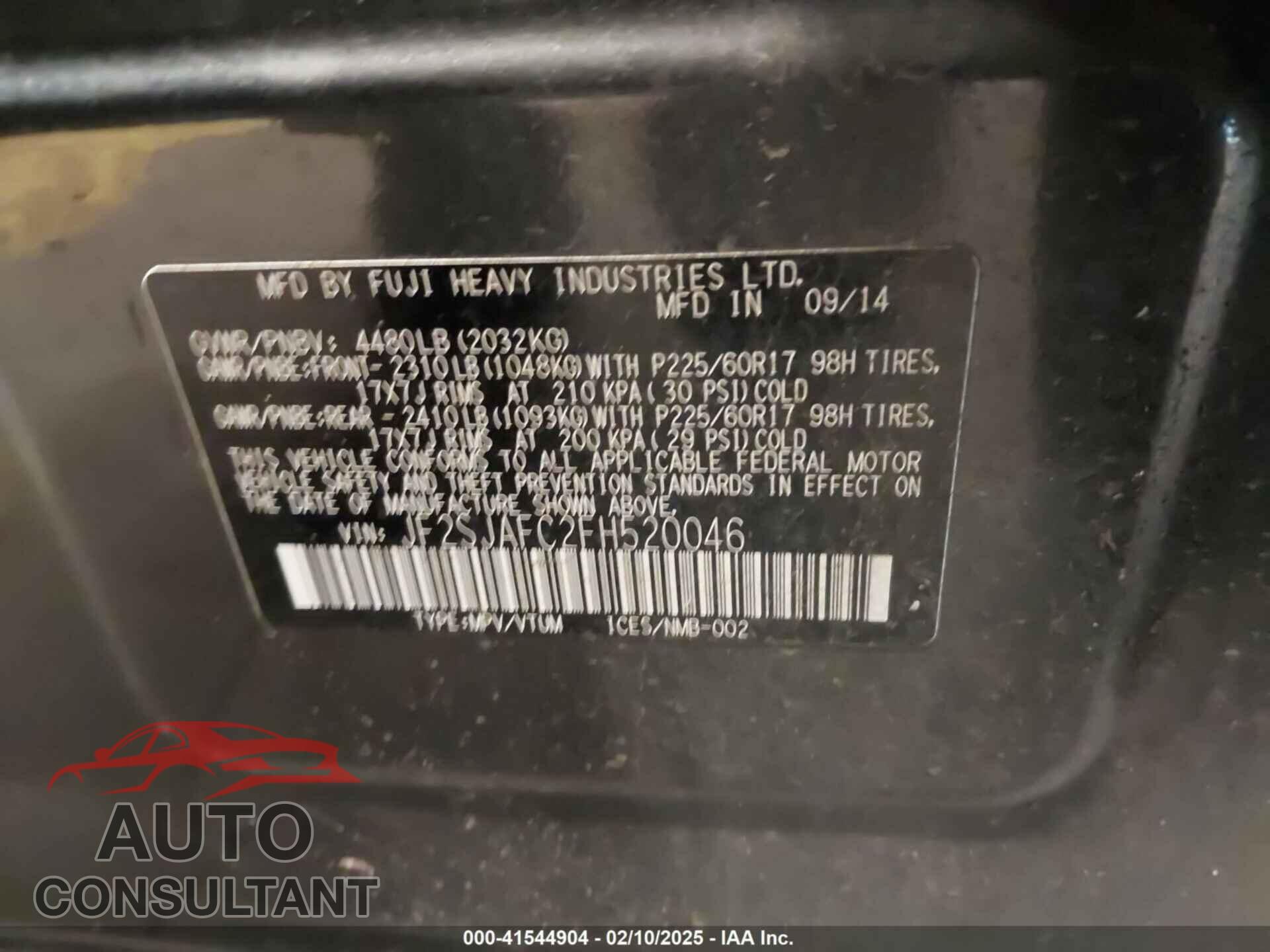 SUBARU FORESTER 2015 - JF2SJAFC2FH520046