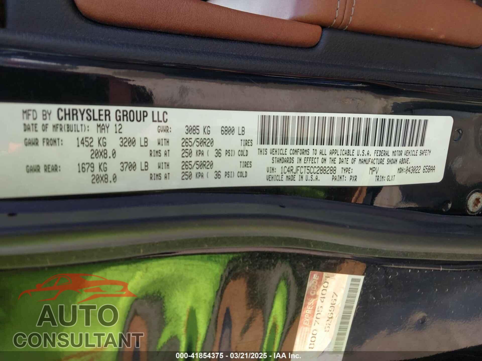 JEEP GRAND CHEROKEE 2012 - 1C4RJFCT5CC288288