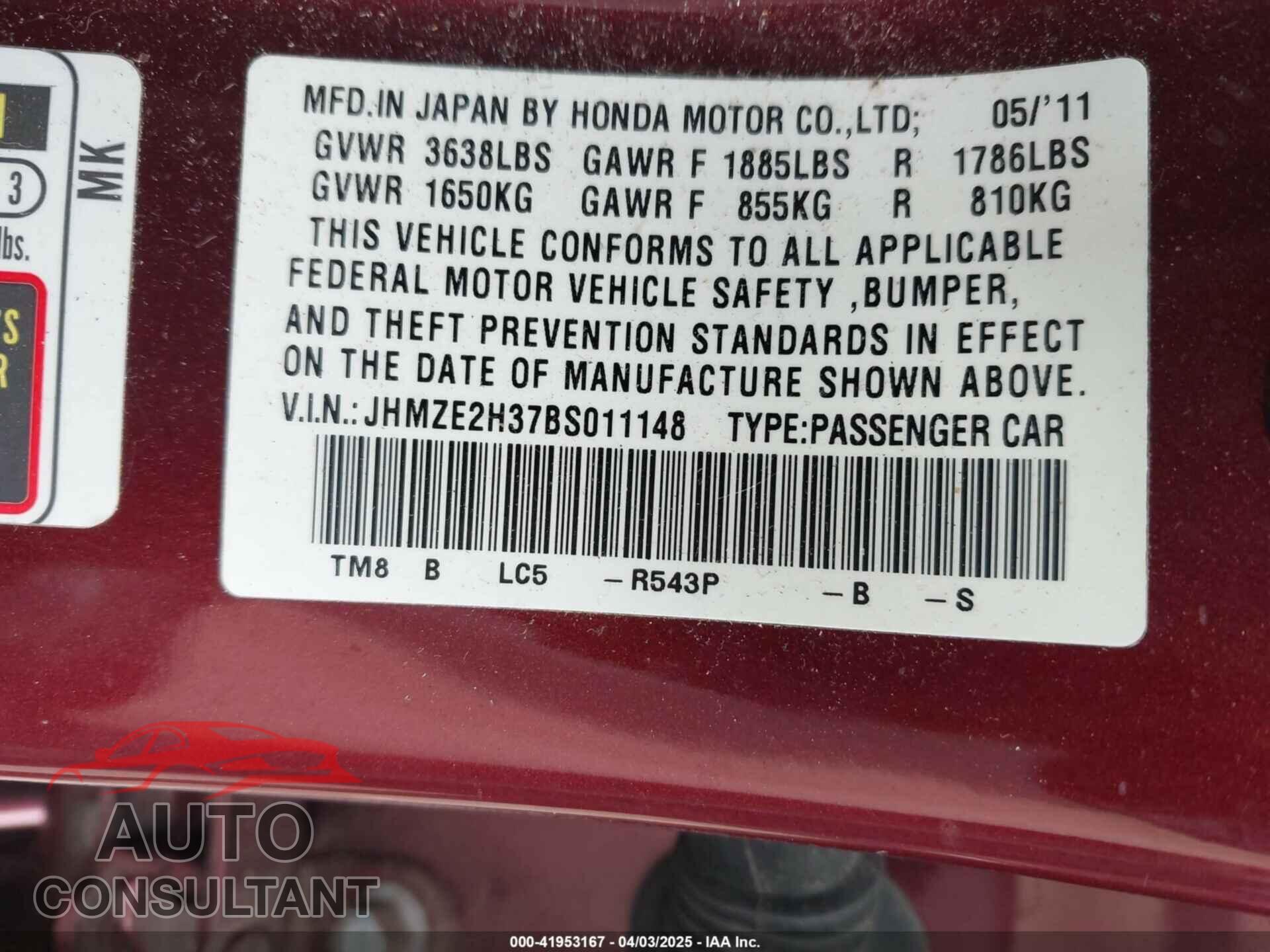 HONDA INSIGHT 2011 - JHMZE2H37BS011148
