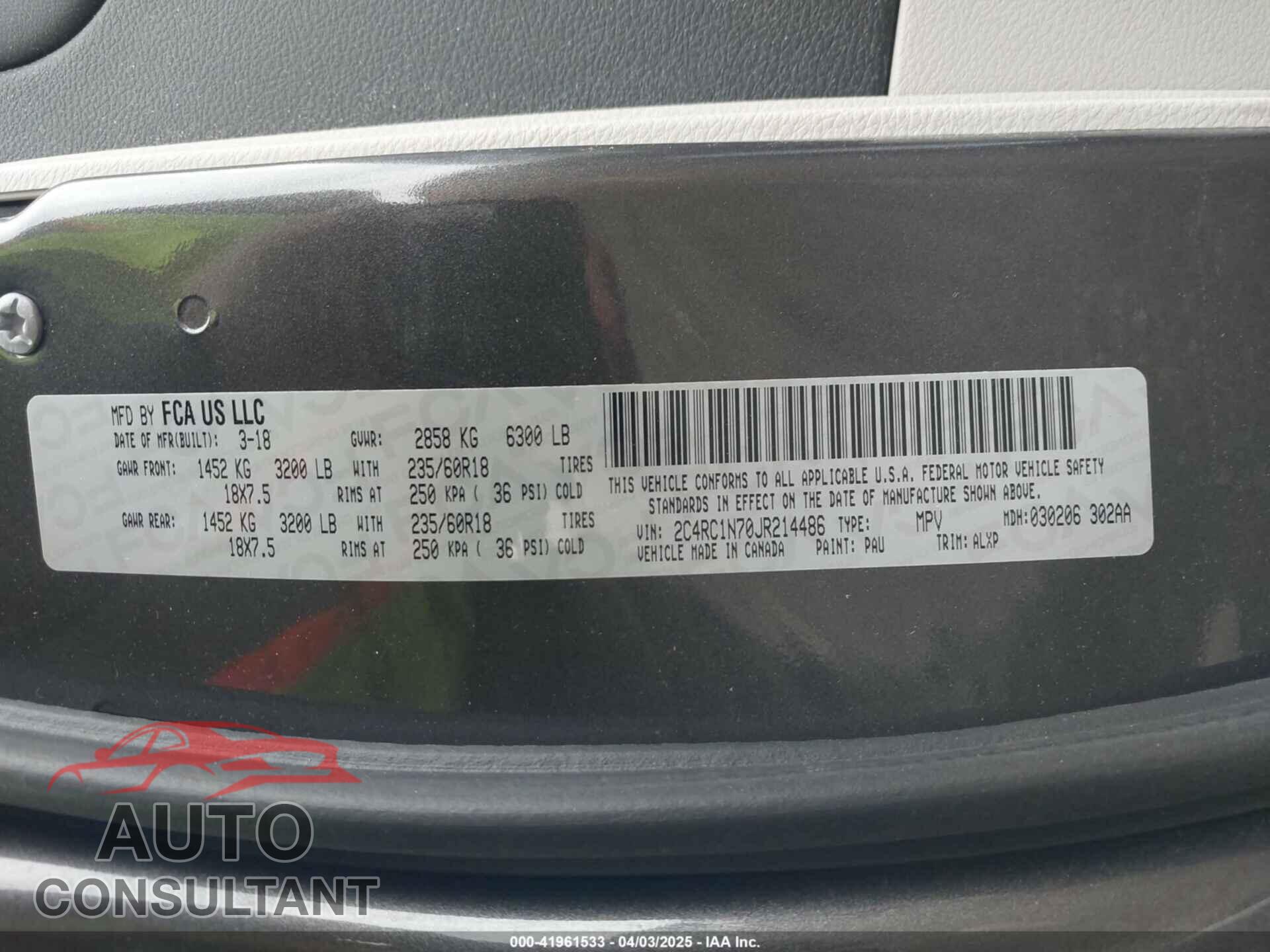 CHRYSLER PACIFICA HYBRID 2018 - 2C4RC1N70JR214486