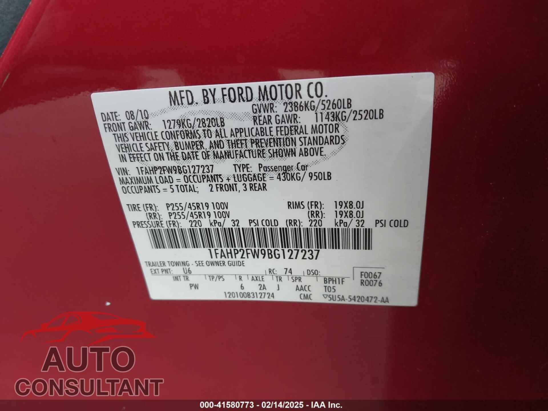 FORD TAURUS 2011 - 1FAHP2FW9BG127237