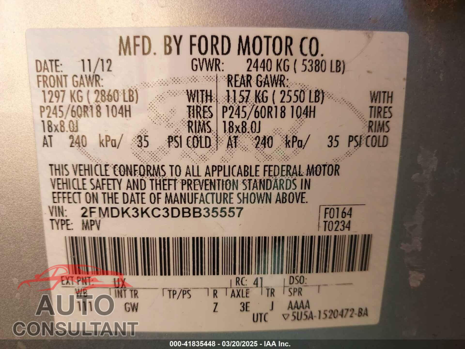 FORD EDGE 2013 - 2FMDK3KC3DBB35557