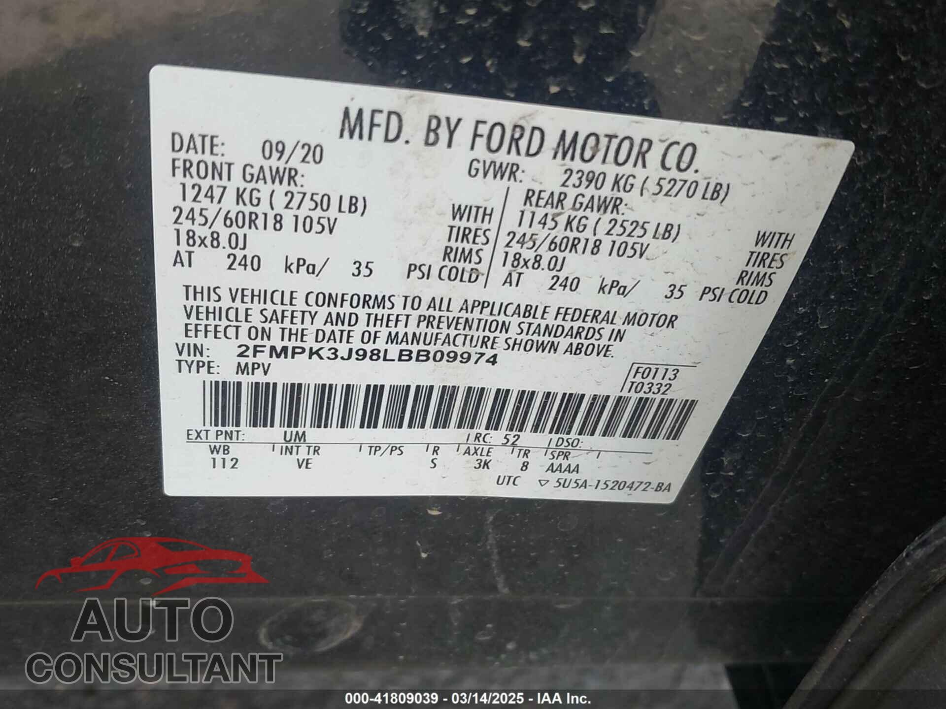 FORD EDGE 2020 - 2FMPK3J98LBB09974