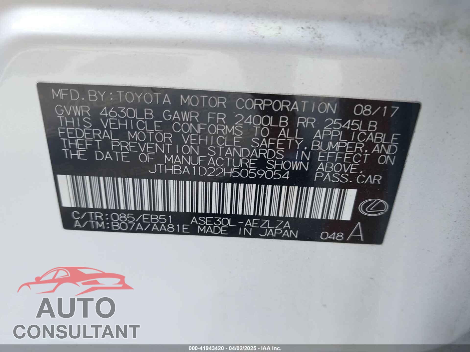 LEXUS IS 200T 2017 - JTHBA1D22H5059054