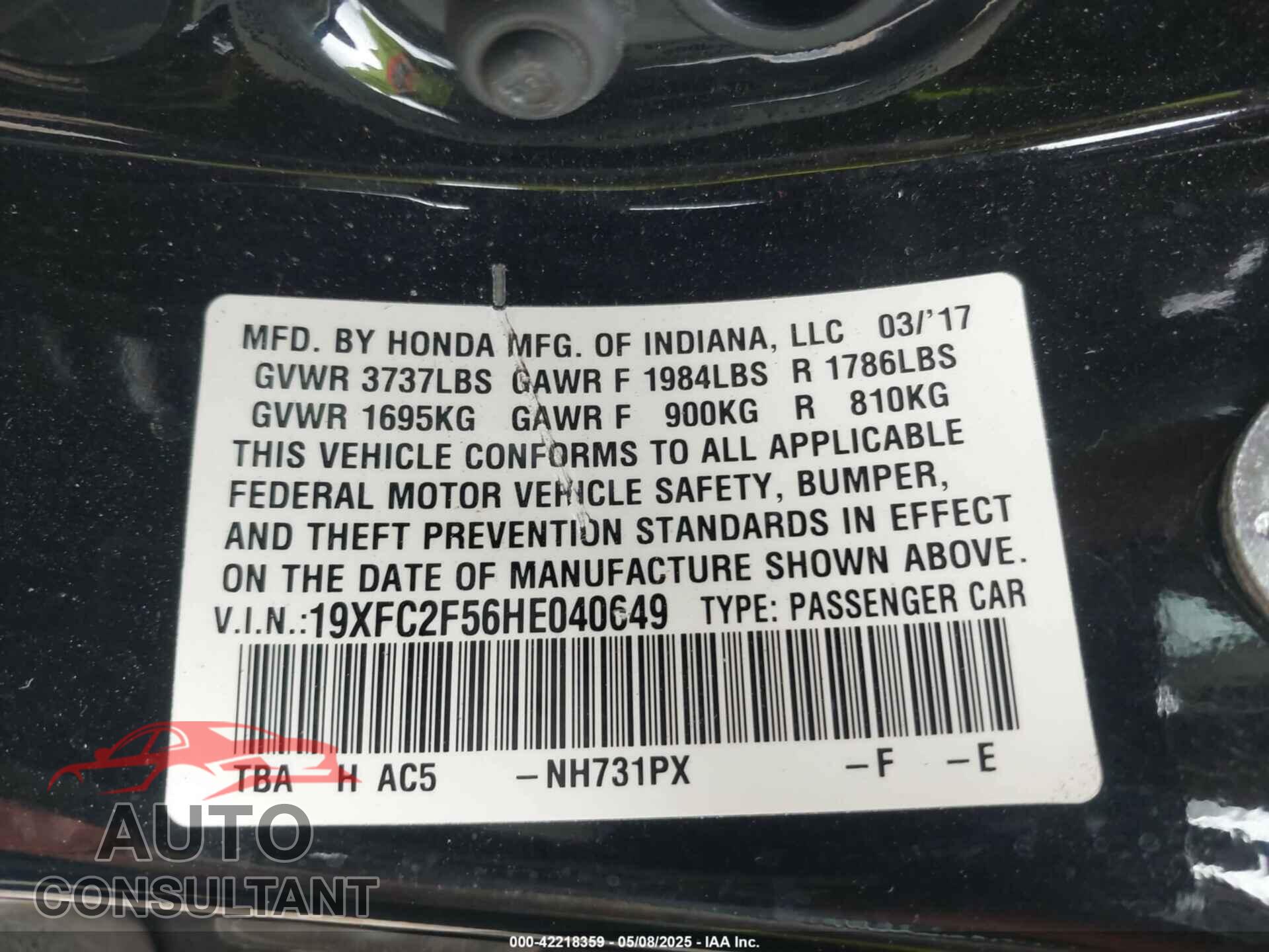 HONDA CIVIC 2017 - 19XFC2F56HE040649