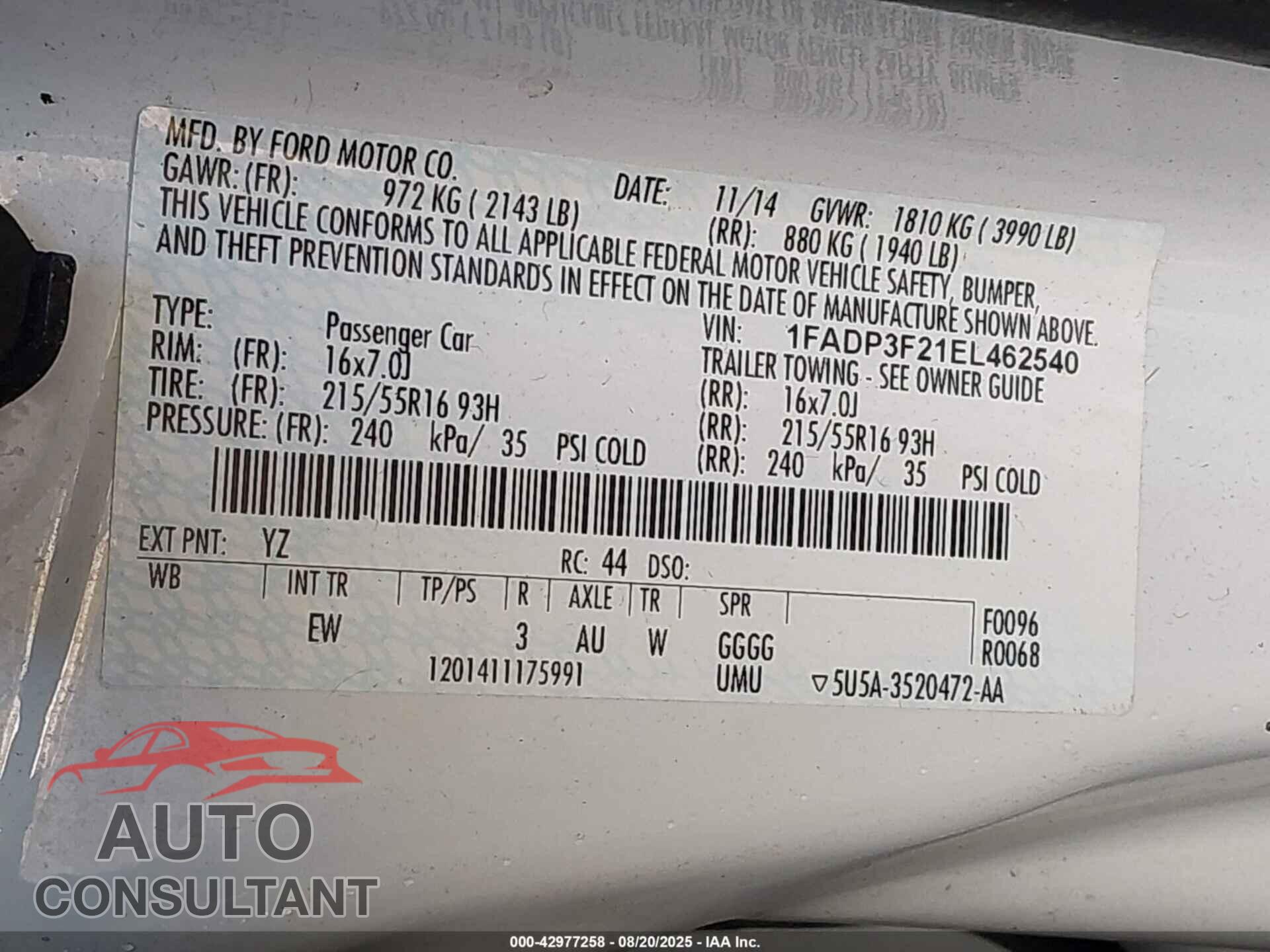 FORD FOCUS 2014 - 1FADP3F21EL462540