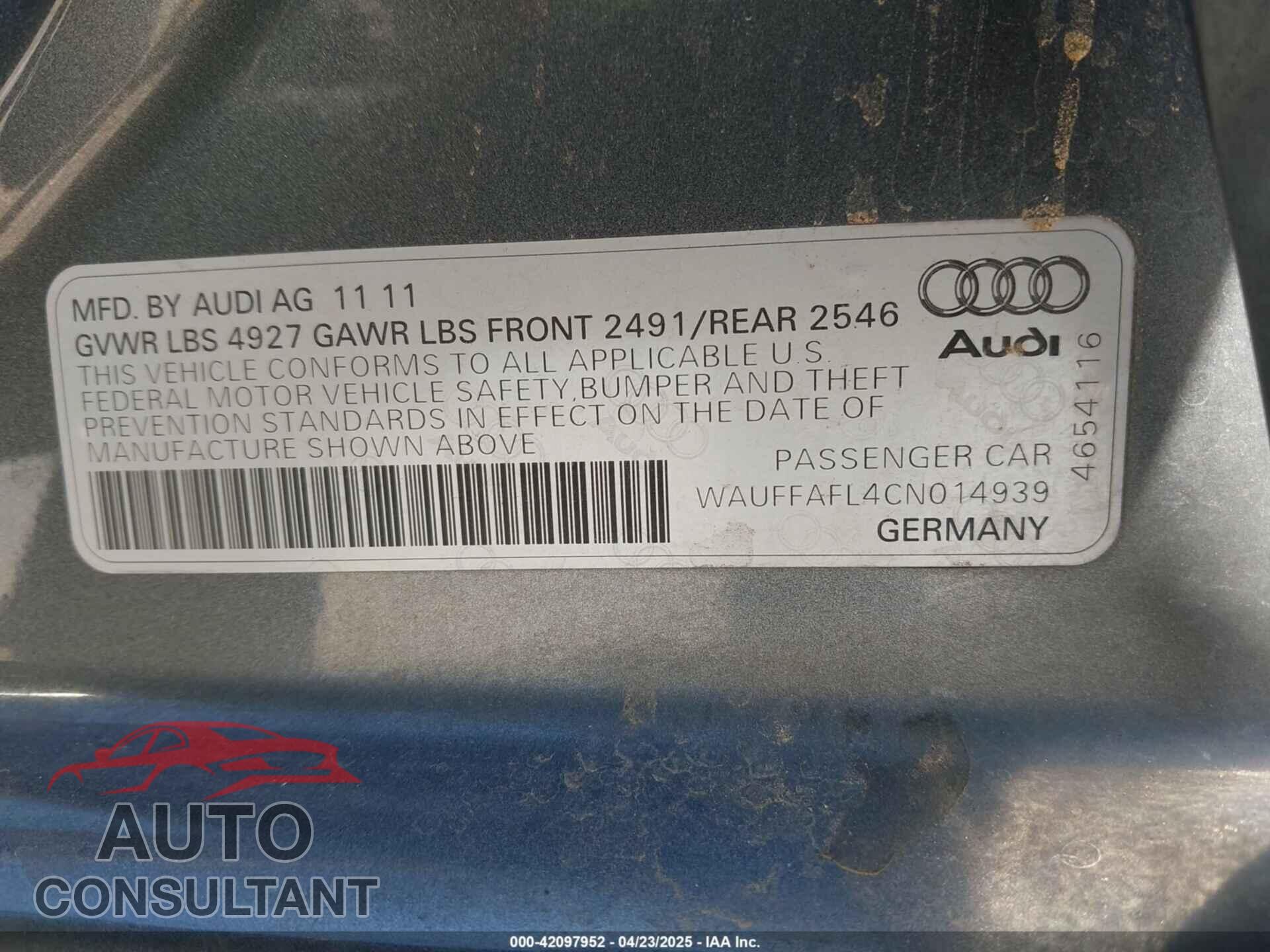 AUDI A4 2012 - WAUFFAFL4CN014939