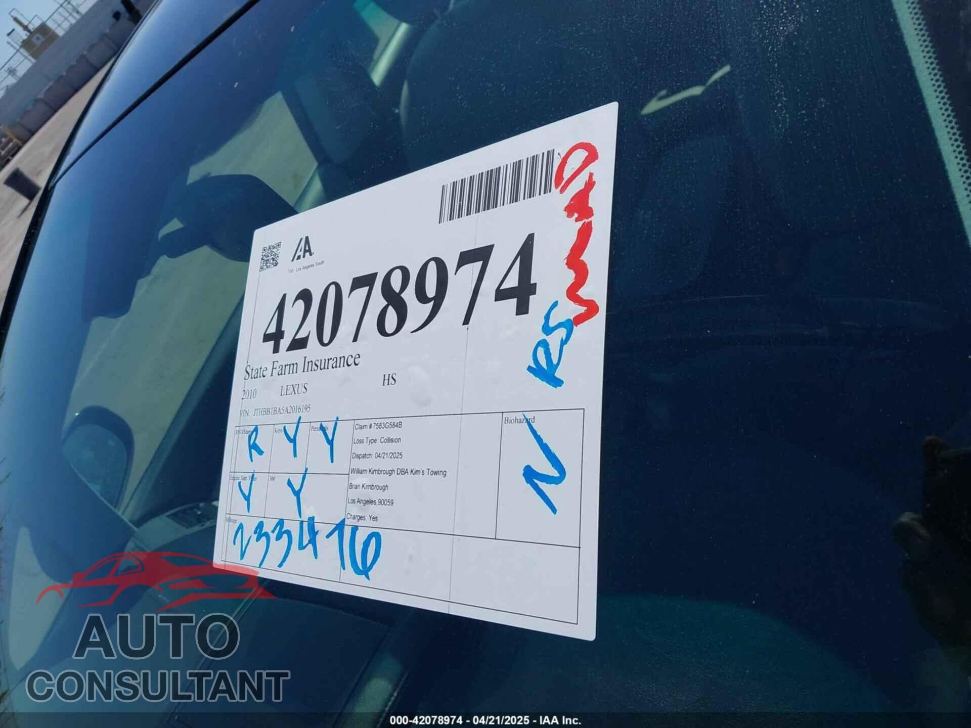 LEXUS HS 250H 2010 - JTHBB1BA5A2016195