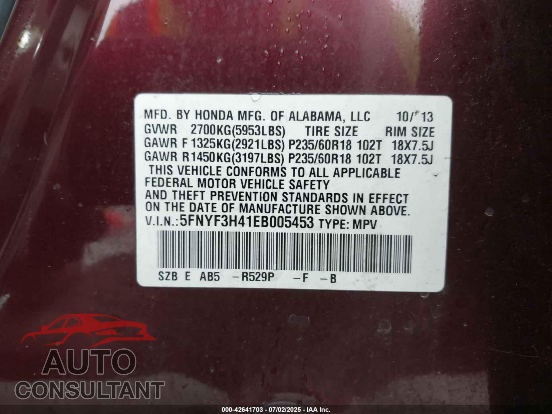 HONDA PILOT 2014 - 5FNYF3H41EB005453