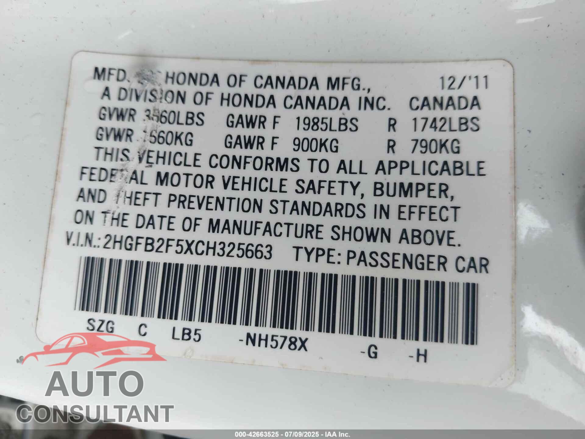 HONDA CIVIC 2012 - 2HGFB2F5XCH325663