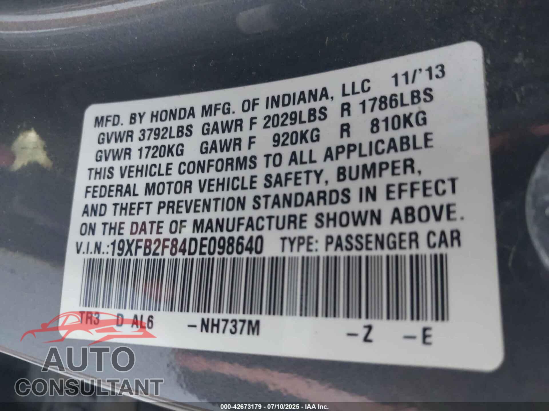 HONDA CIVIC 2013 - 19XFB2F84DE098640