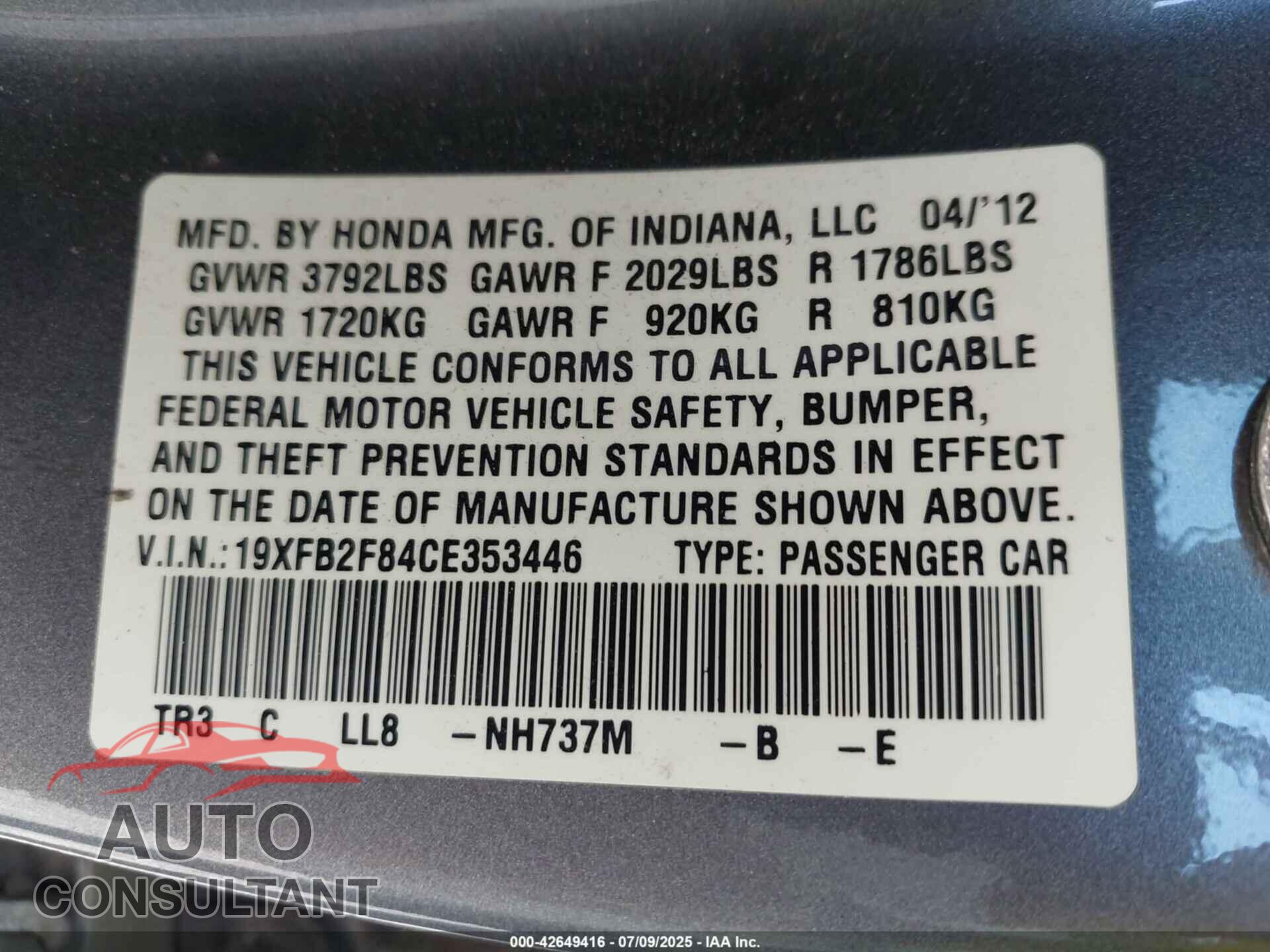 HONDA CIVIC 2012 - 19XFB2F84CE353446