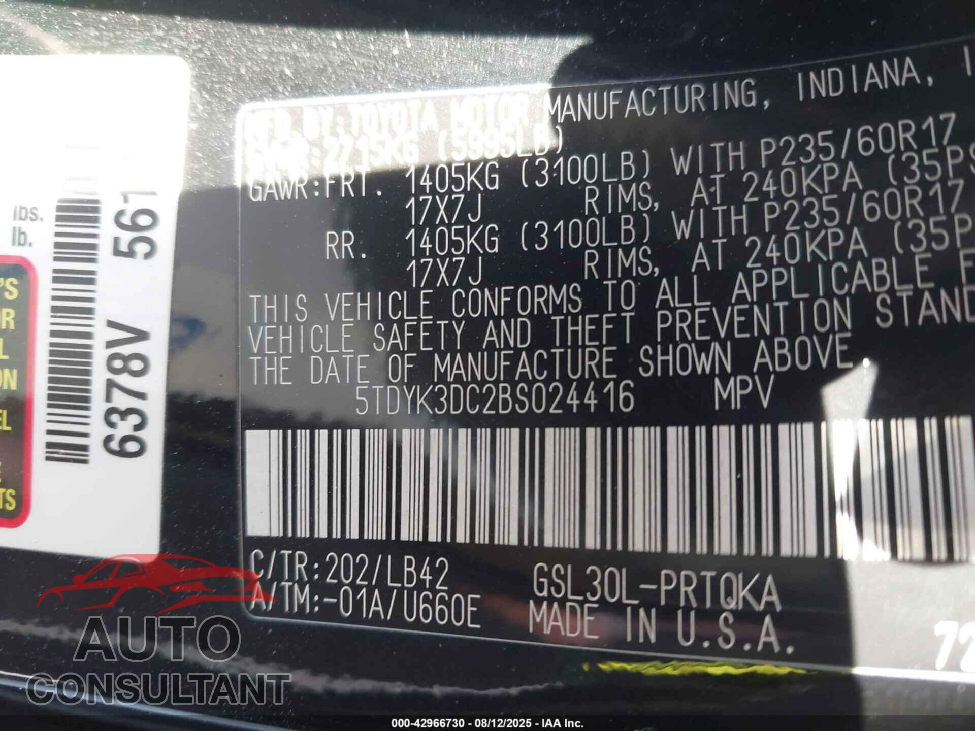 TOYOTA SIENNA 2011 - 5TDYK3DC2BS024416