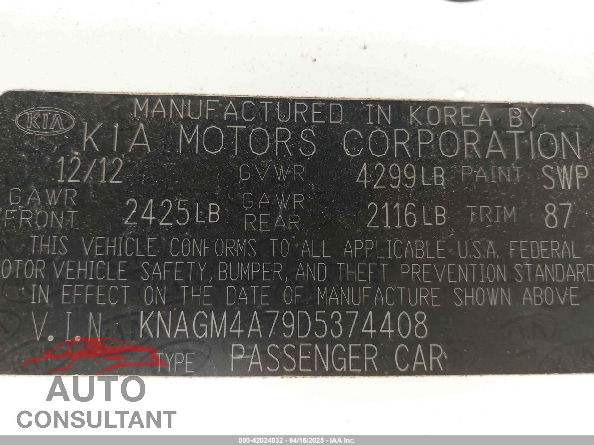 KIA OPTIMA 2013 - KNAGM4A79D5374408