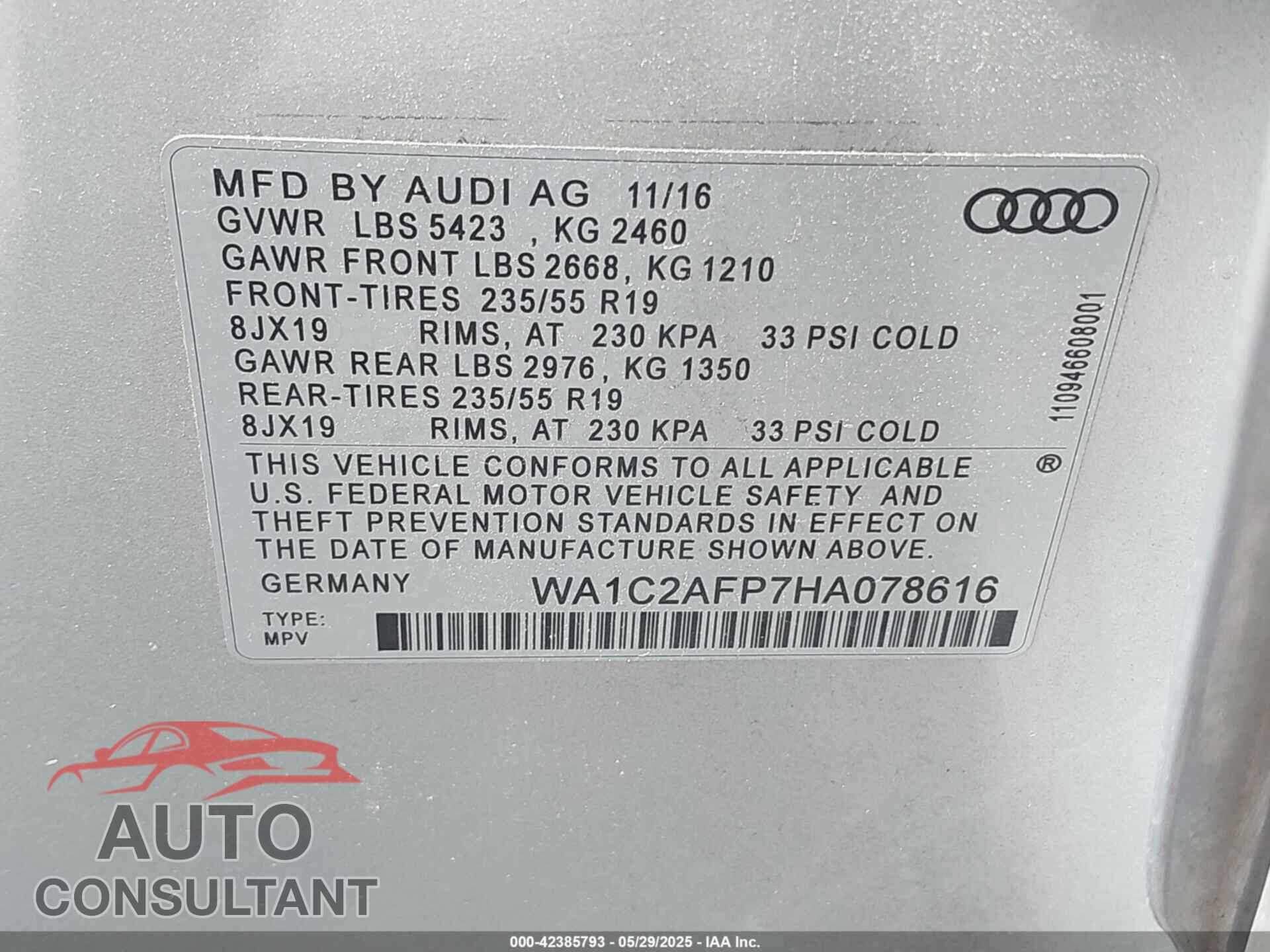 AUDI Q5 2017 - WA1C2AFP7HA078616