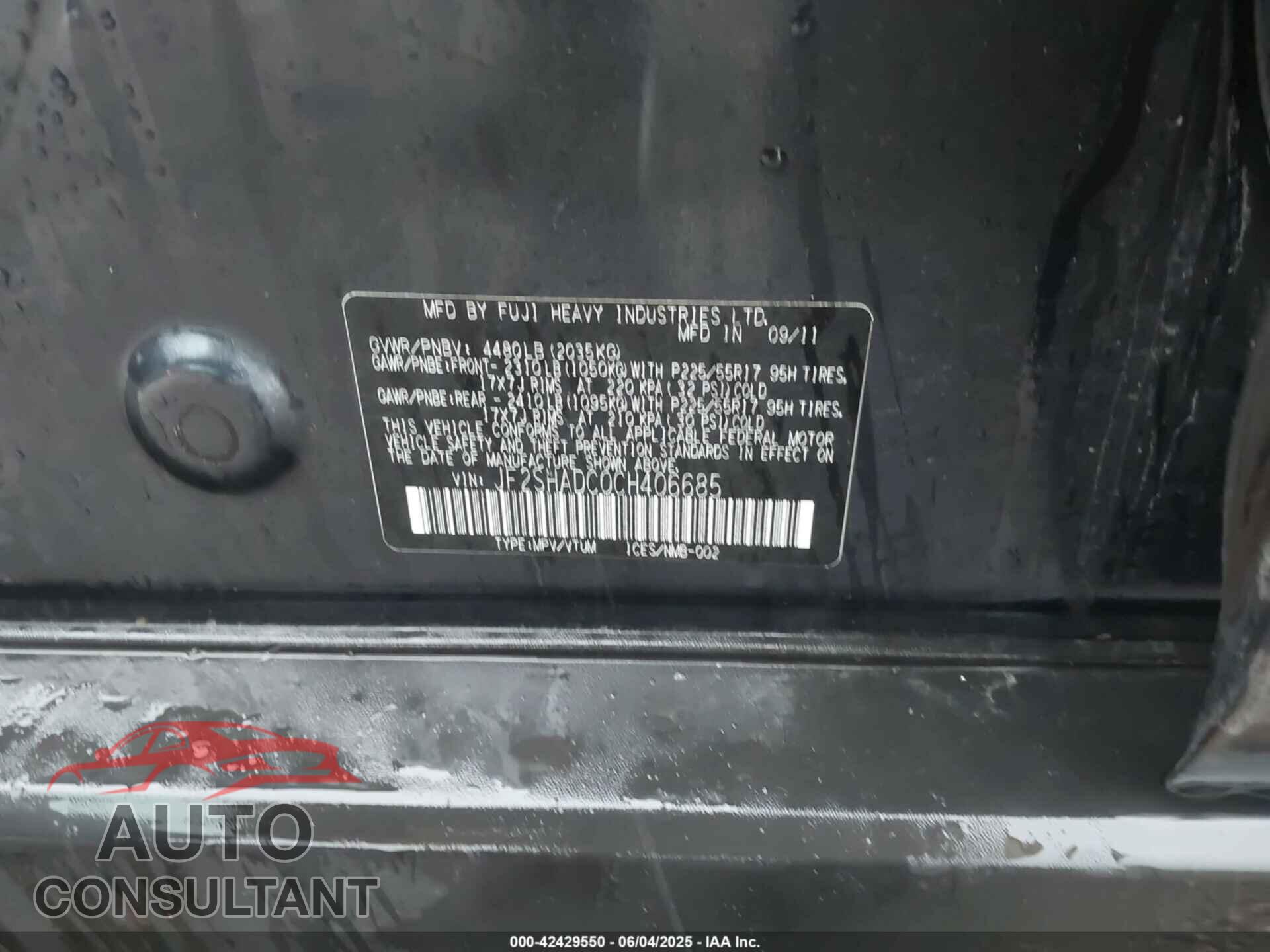 SUBARU FORESTER 2012 - JF2SHADC0CH406685