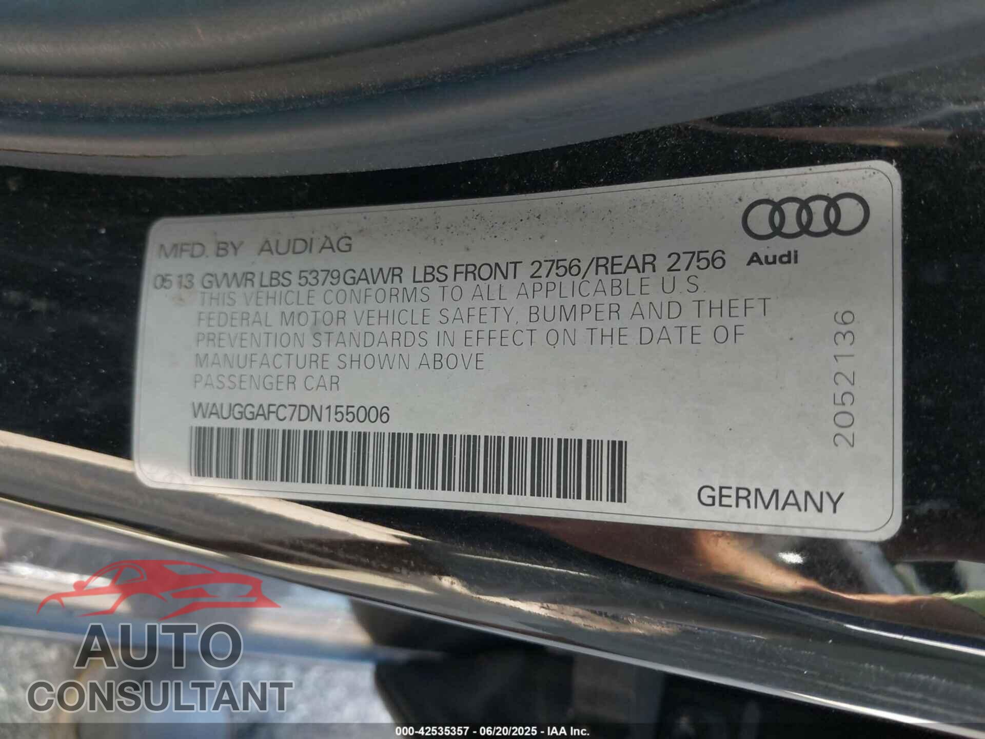 AUDI A6 2013 - WAUGGAFC7DN155006