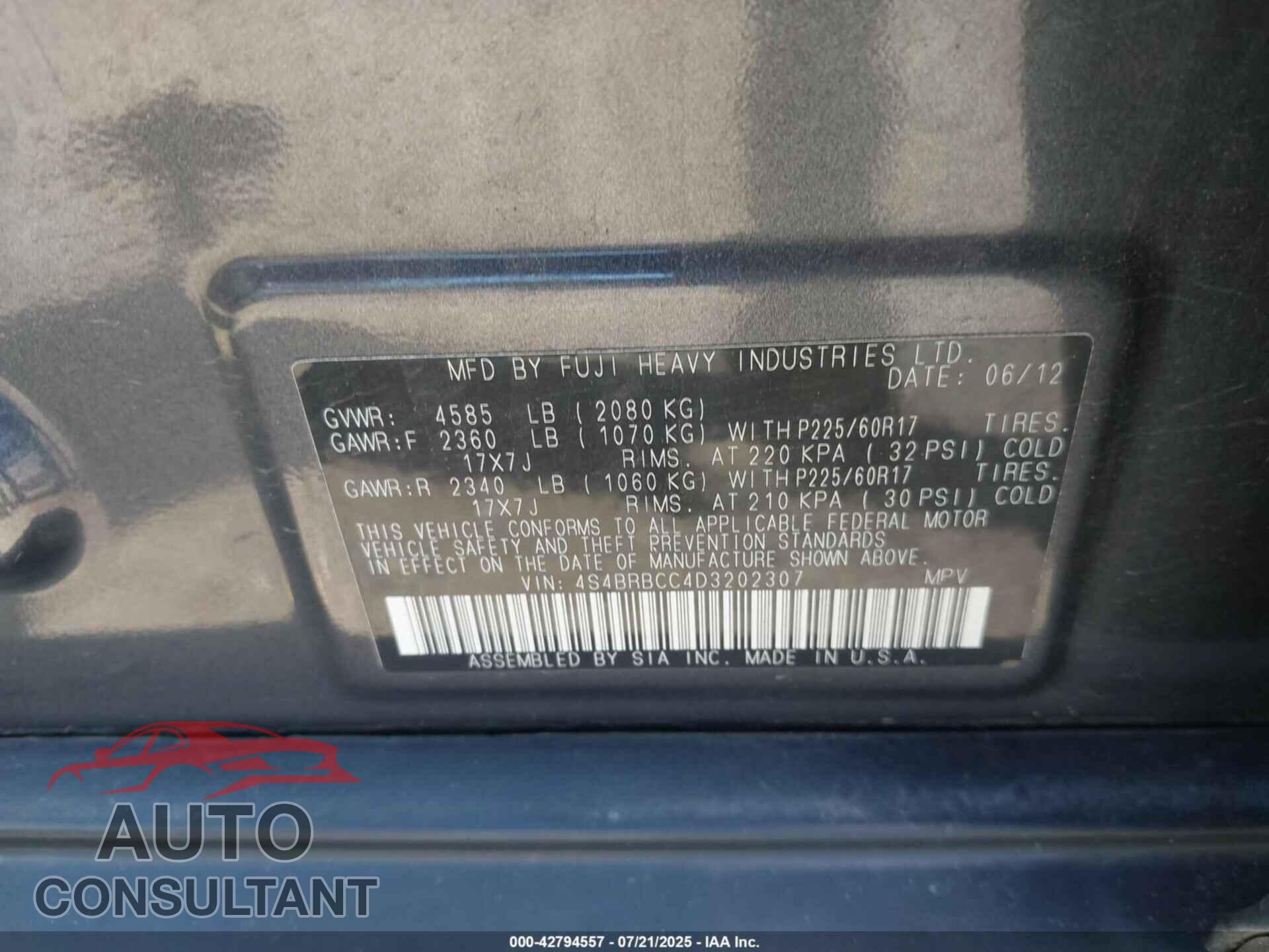 SUBARU OUTBACK 2013 - 4S4BRBCC4D3202307