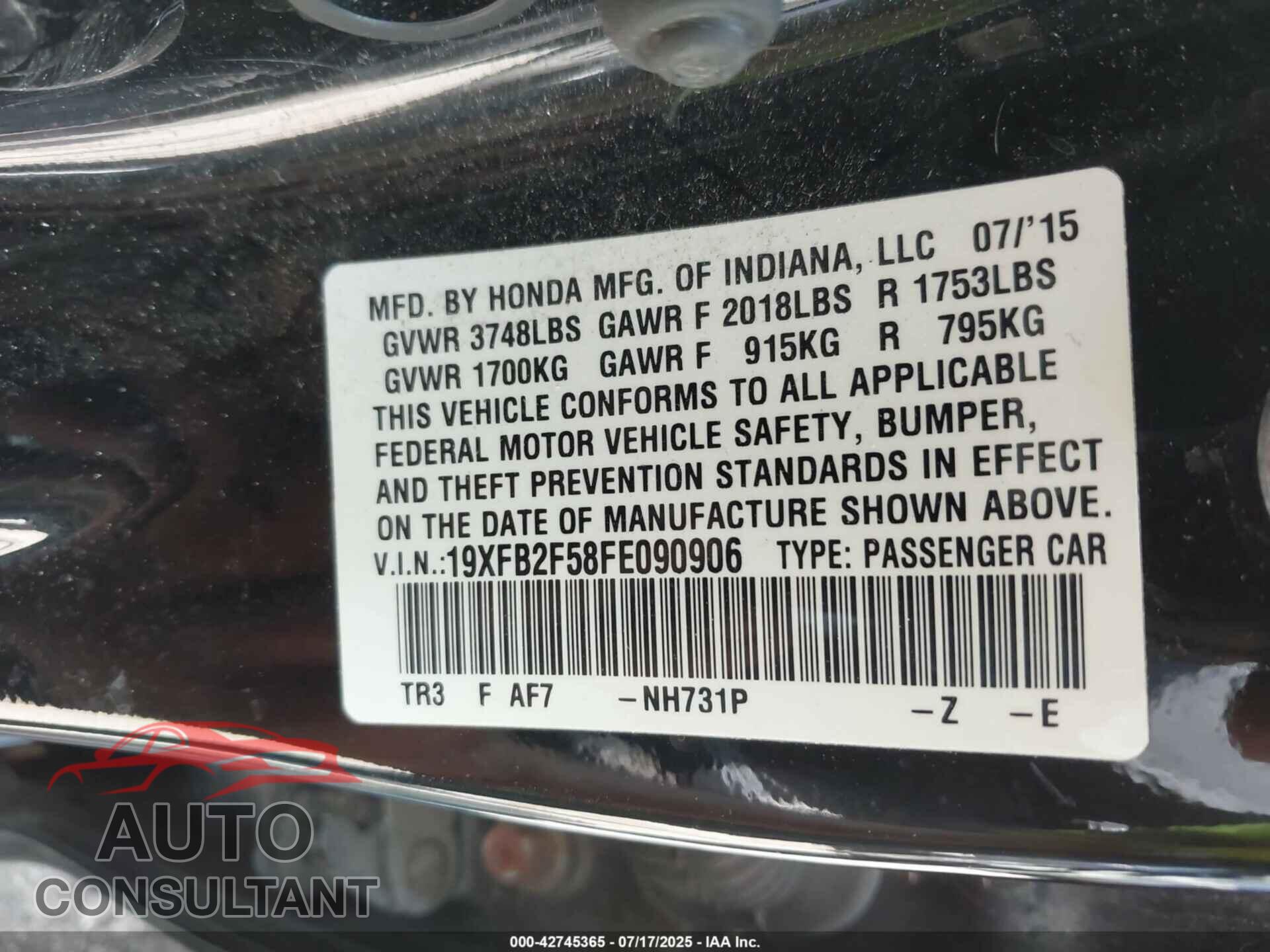 HONDA CIVIC 2015 - 19XFB2F58FE090906