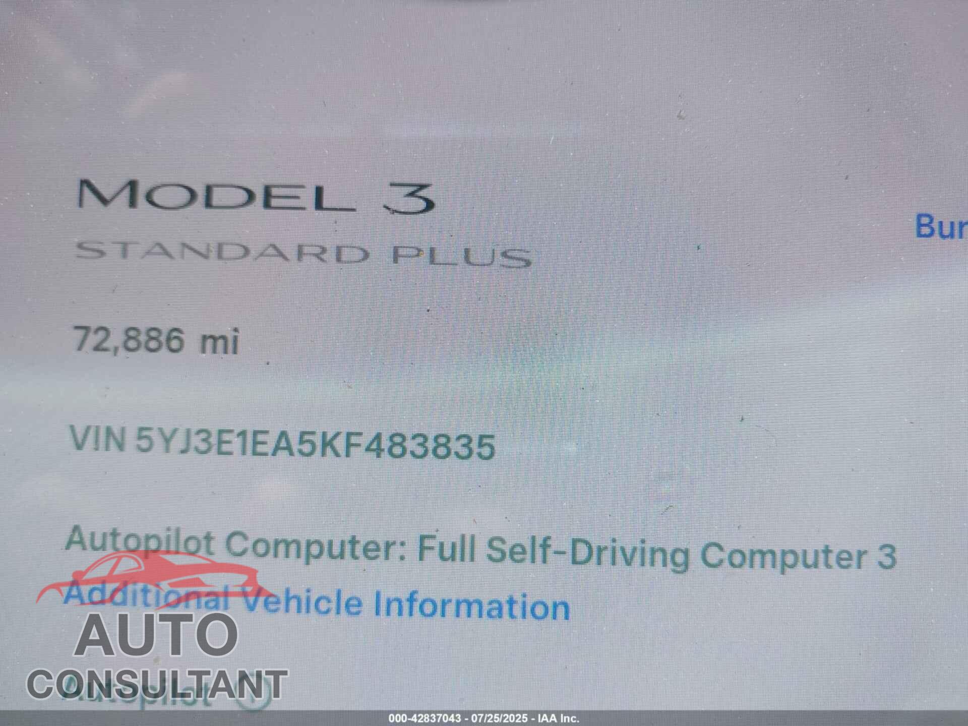 TESLA MODEL 3 2019 - 5YJ3E1EA5KF483835