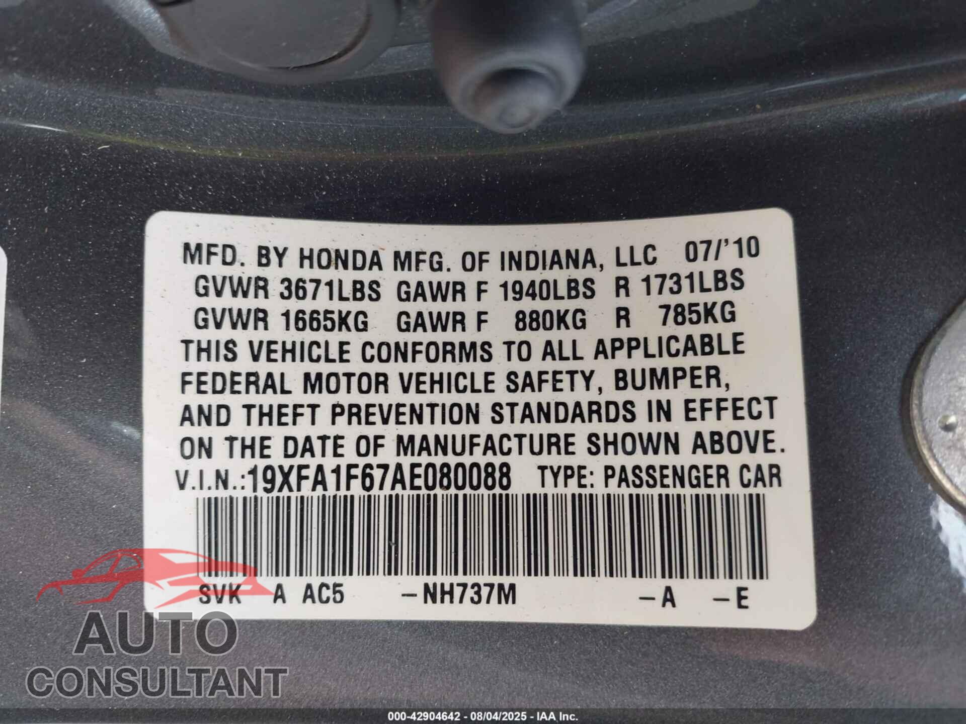 HONDA CIVIC 2010 - 19XFA1F67AE080088