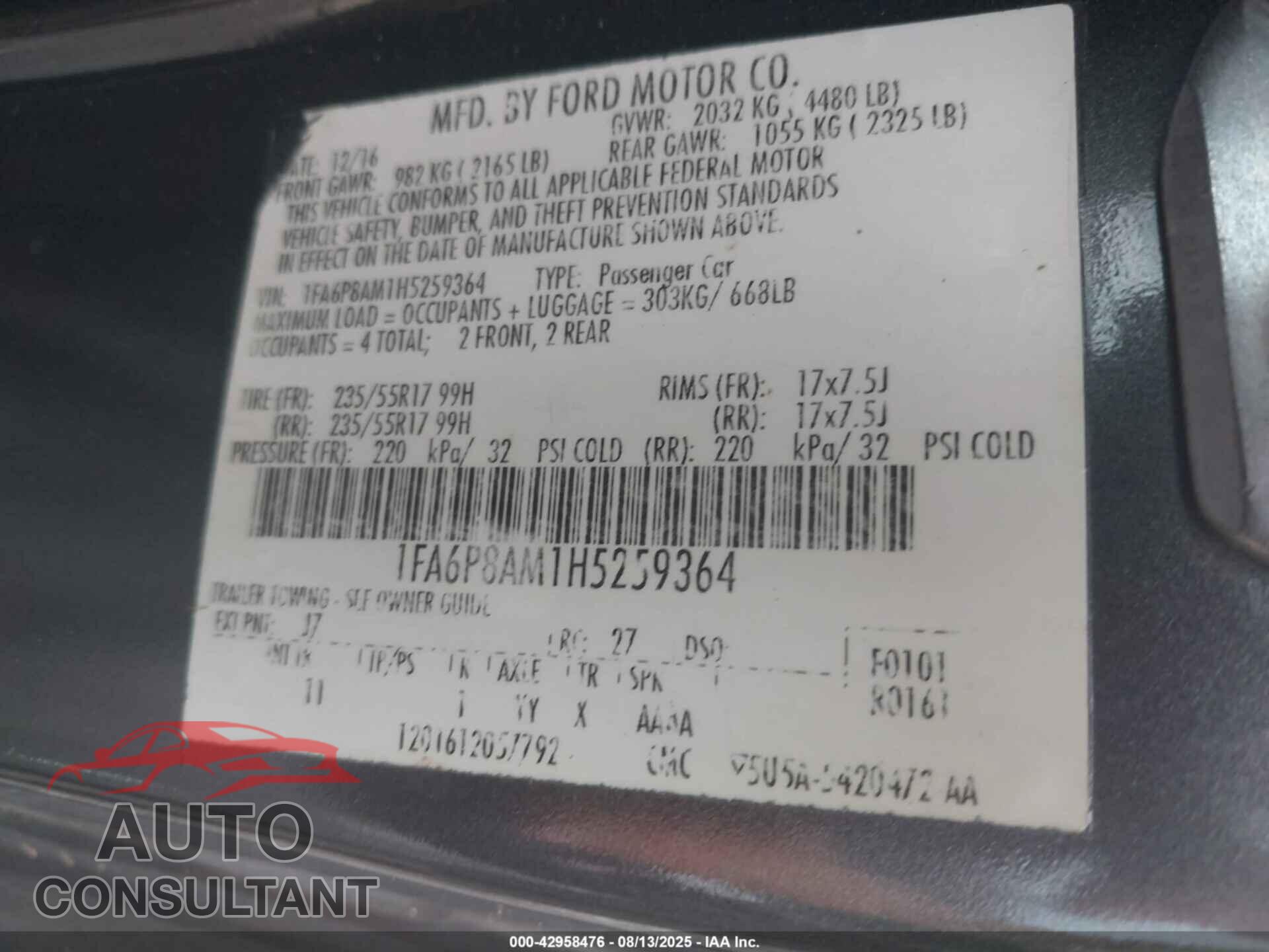 FORD MUSTANG 2017 - 1FA6P8AM1H5259364