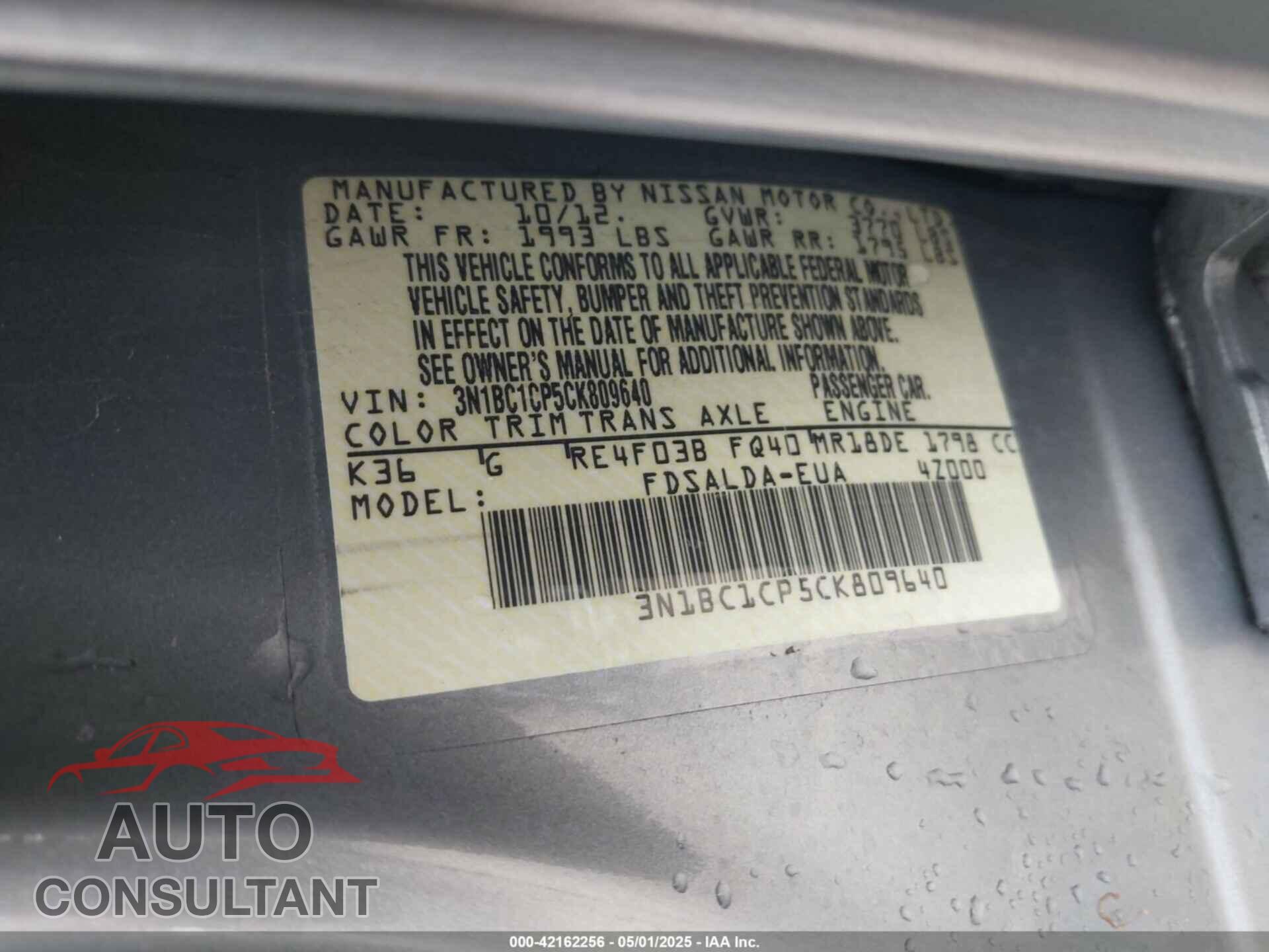 NISSAN VERSA 2012 - 3N1BC1CP5CK809640